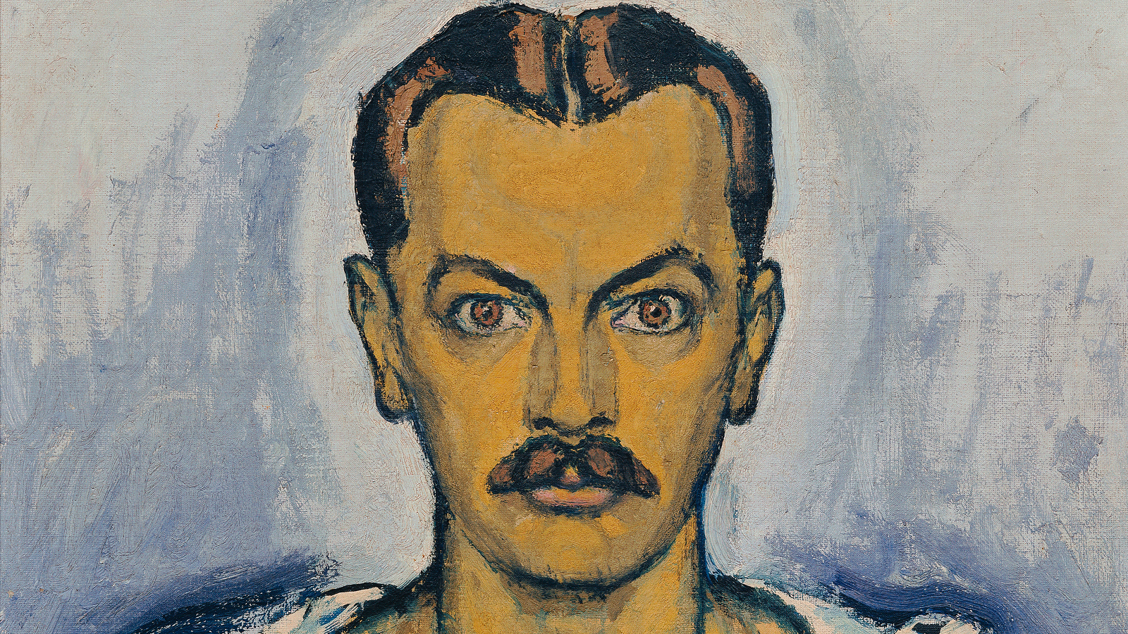 Kuvassa on Koloman Moserin maalaama omakuva, jossa näkyvät hänen kasvonsa ruskeina. Hänellä on lyhyissä hiuksissa jakaus keskellä. Tausta on sinertävä.