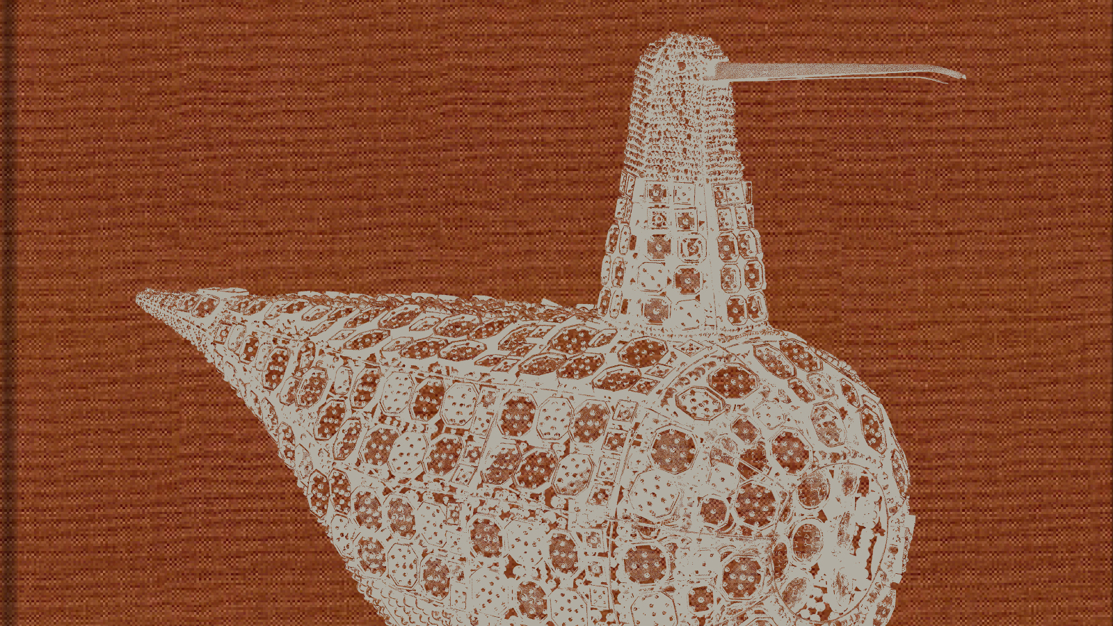 Kuvassa on ruskealla pohjalla vaalean harmaa pilkullinen   lintu, jolla on pullea vatsa, ohuempi kaula ja kapea nokka. Lintu on sivuttain.