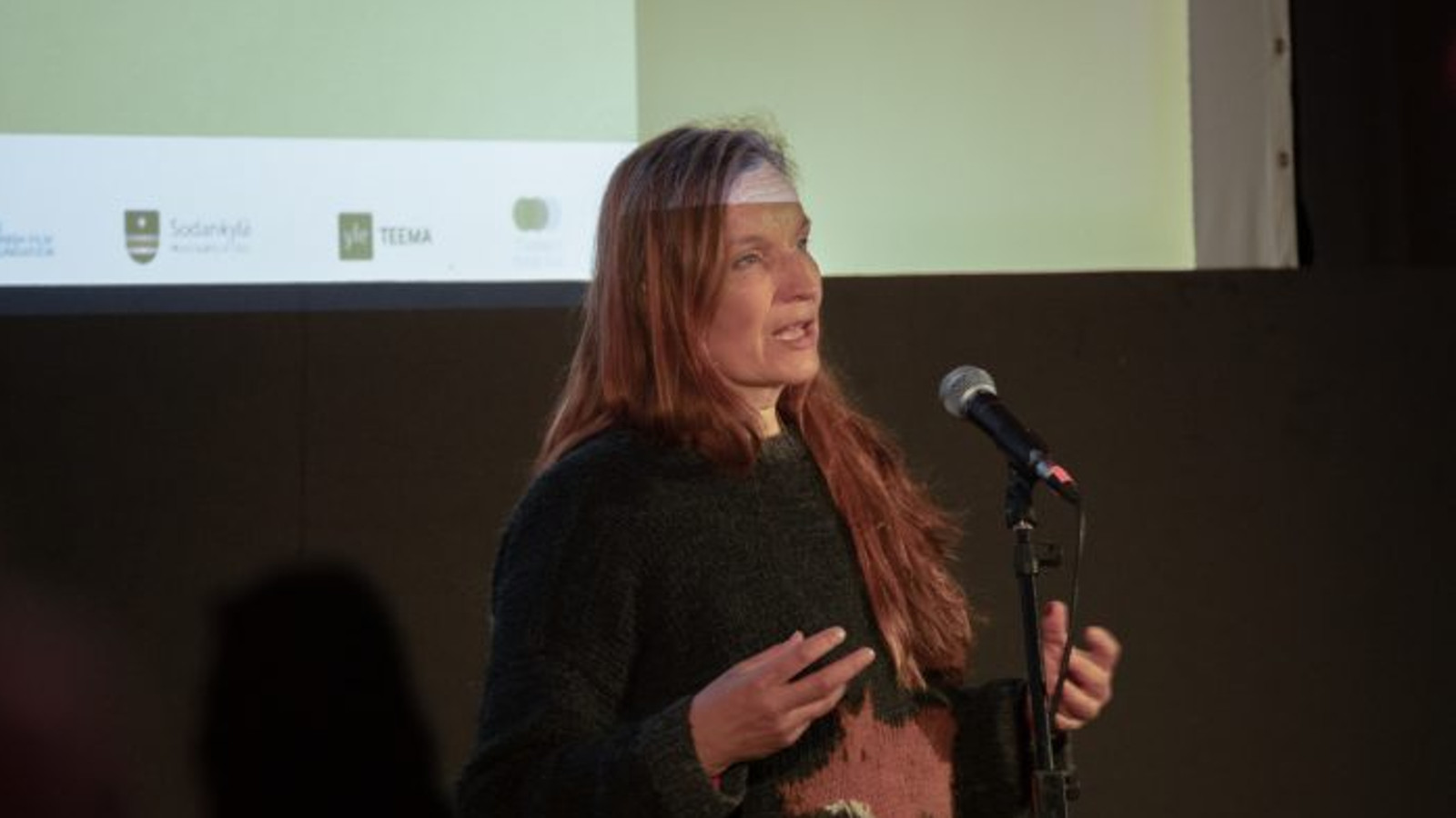 Kuvassa on Johanna Vuoksenmaa puolivartalokuvassa pitämässä esitelmää. Hän on puhumassa vinottain oikealle. Taustalla on projektorin valoa ja vaalean vihreää seinää. Osa valosta menee hänen otsansa yli. Hänellä on tumma pusero päällään.