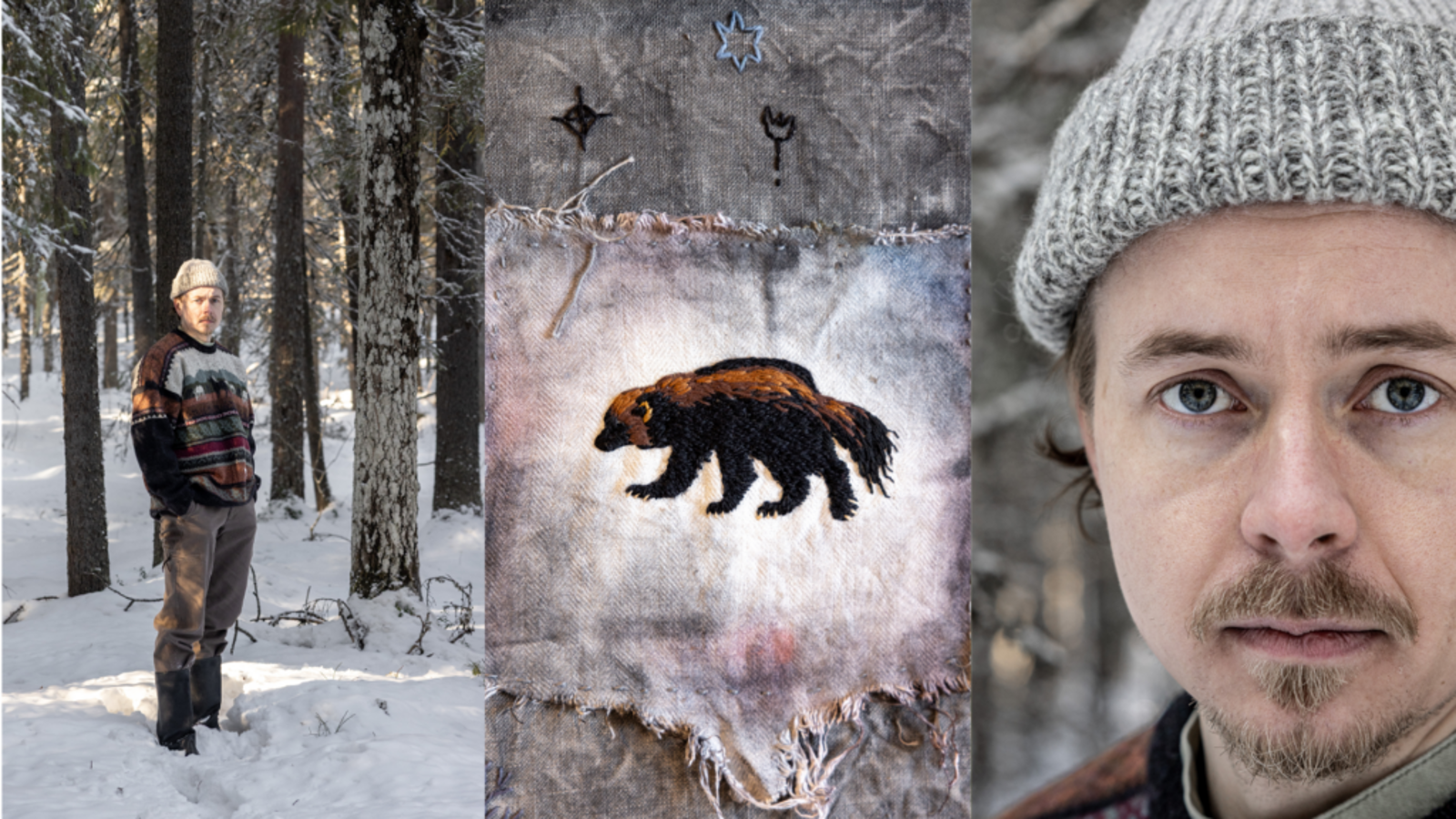 Kuvassa on kolme osaa. Vasemmalla seisoo Janne Kinnunen harmaassa villapipossa ja burgundin sekä harmaan värisessä villapaidassa talvisessa mäntymetsässä. Keskellä on harmaata risaista kangasta ja siinä on keskellä ruskea ahma. Oikealla on Janne Kinnusen kasvokuva harmaa pipo päässään.