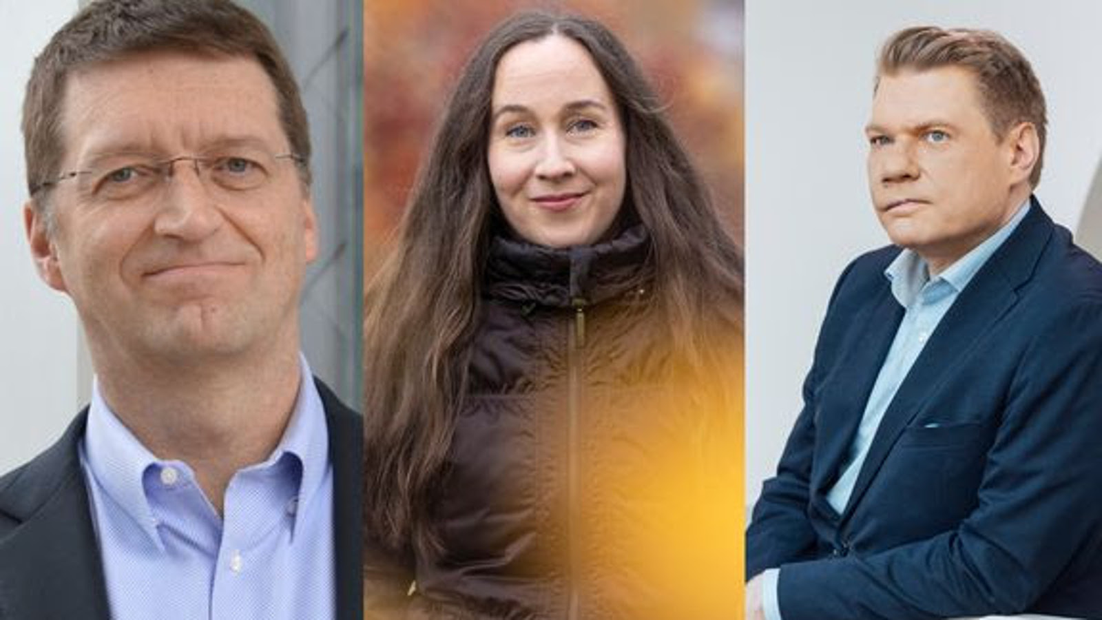 Kuvassa on kasvokuvassa kolmena erillisenä kuvana vasemmalla Tuomas Sandholm, Outi Tarkiainen pitkine tummine hiuksineen ja Timo Miettinen puolivartalokuvassa tummassa takissa.