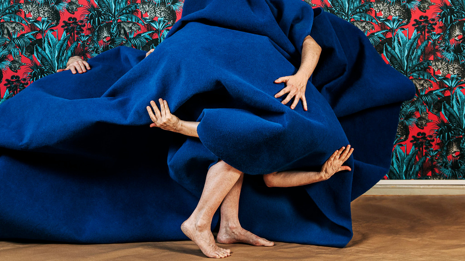 Kuvassa on sinisen kankaan alla henkilöitä ja käsiä näkyy kankaan välistä ja keskellä alhaalla on kävelevät jalat. Taustalla on kukallista puna-turkoosi-mustaa tapettia.