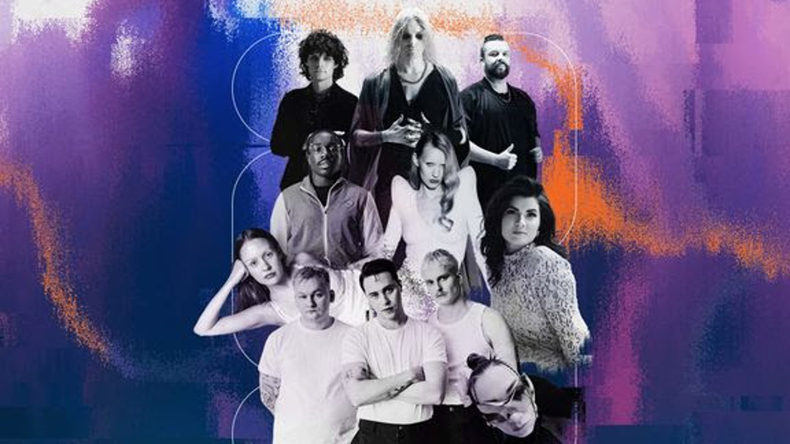 Kuvassa ovat kolmessa rivissä päällekkäin esiintyjien puolivartalokuvat kollaasina musta-valkokuvina. Tausta on violetti ja siinä on valkoisia ja oransseja pilviä