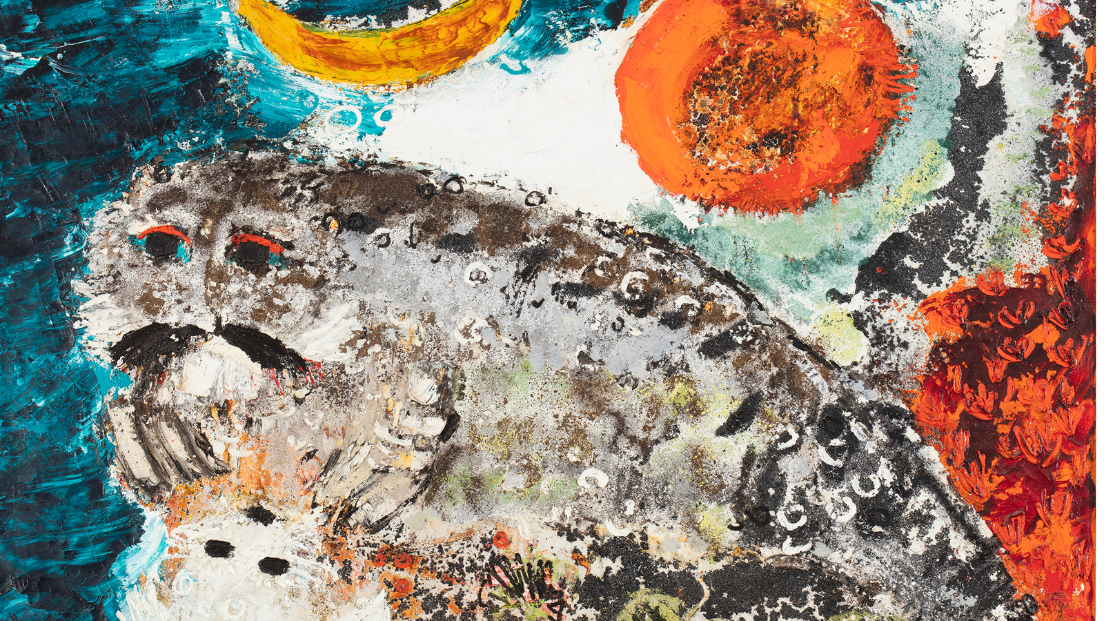 Kuvassa on maalauksessa erilaisia värialueita ja oikeassa yläkulmassa on punainen kuu ja aurinko ja muualla mustan ja valkoisen vaihtelua läiskämäisesti.