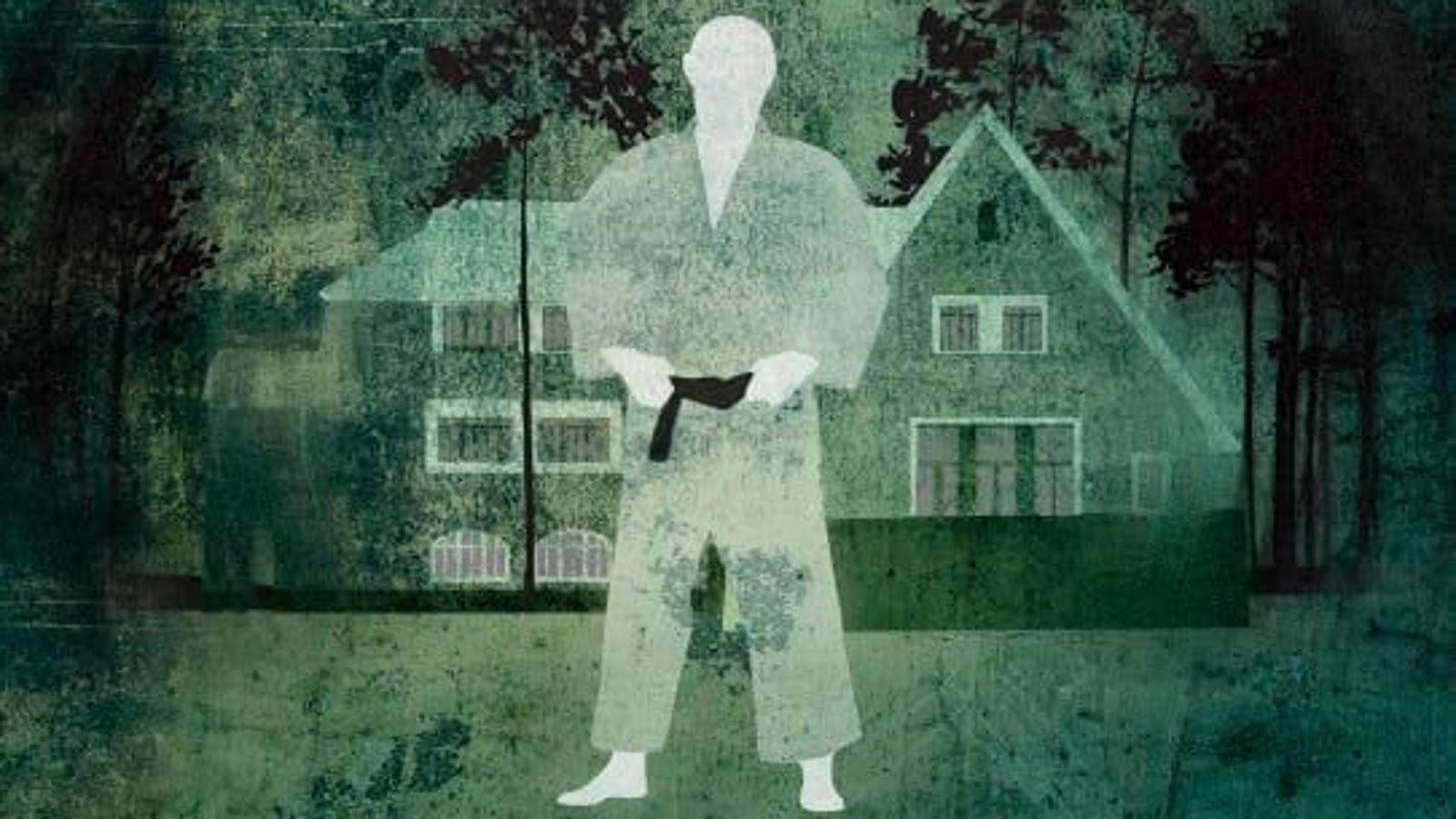 Kuvassa on vihreällä pohjalla hämärtävästi maalattuna iso talo ja ehessä Putinin karateasuinen hahmo. Kuva on osa kirjan kannesta.