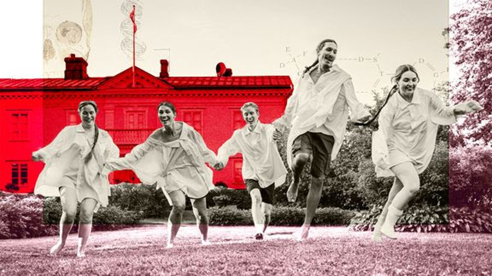 Kuvassa on juoksemassa valkoisissa isoissa paidoissa viisi nuorta, kolme naista ja kaksi miestä. Takana on punainen kartano ja maassa on vaalean punaista ruohoa. Kuva on musta valkoinen, johon on tehty värjäykset.