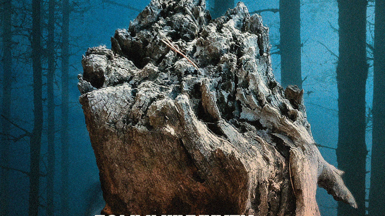 Kuvassa on iso harmaa päältä ropolainen kantomainen puun osa. Takana on sinistä.  Kuva on osa Rauman teatterin julistetta.