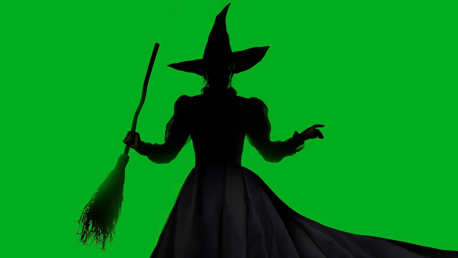 Kuvassa on musta naisen noitamainen hahmo, jolla on noitahattu, leveä helmainen mekko ja oikeassa kädessään luuta. Tausta on vihreä.