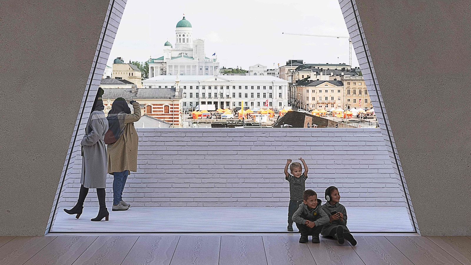 Kuvassa on kolmiomainen tila, josta näkyy merta ja näkymä Helsingin kauppatorin suuntaan ja tuomiokirkon torni. Etualalla kulkee ihmisiä.