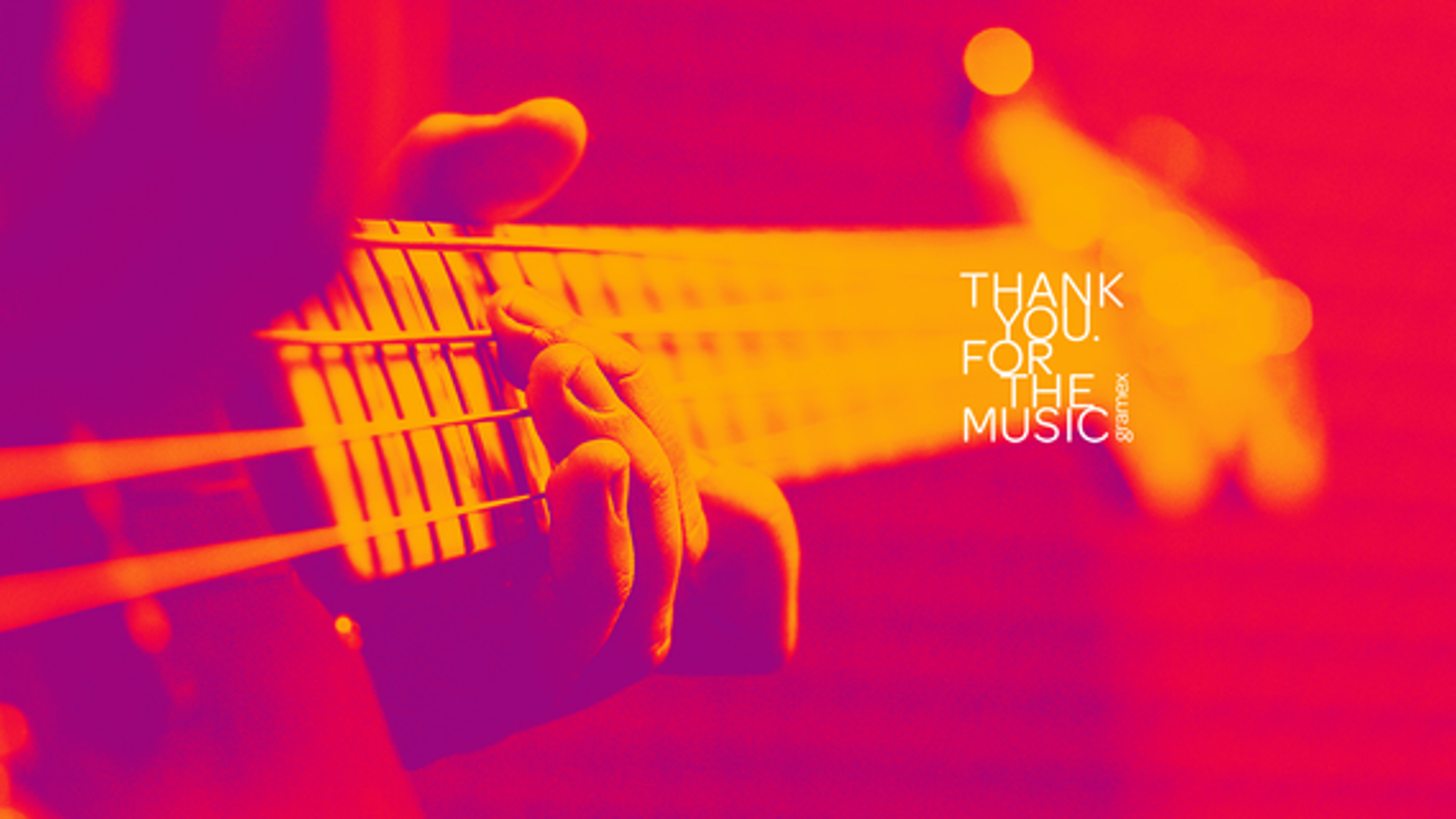 Kuvassa on kitaran kaula ja soittajan vasen käsi näppäilemässä kieliä. Kuvan sävy on punainen ja lila kaulu on keltainen. Kuvassa on oikealla teksti Thank you for the music.