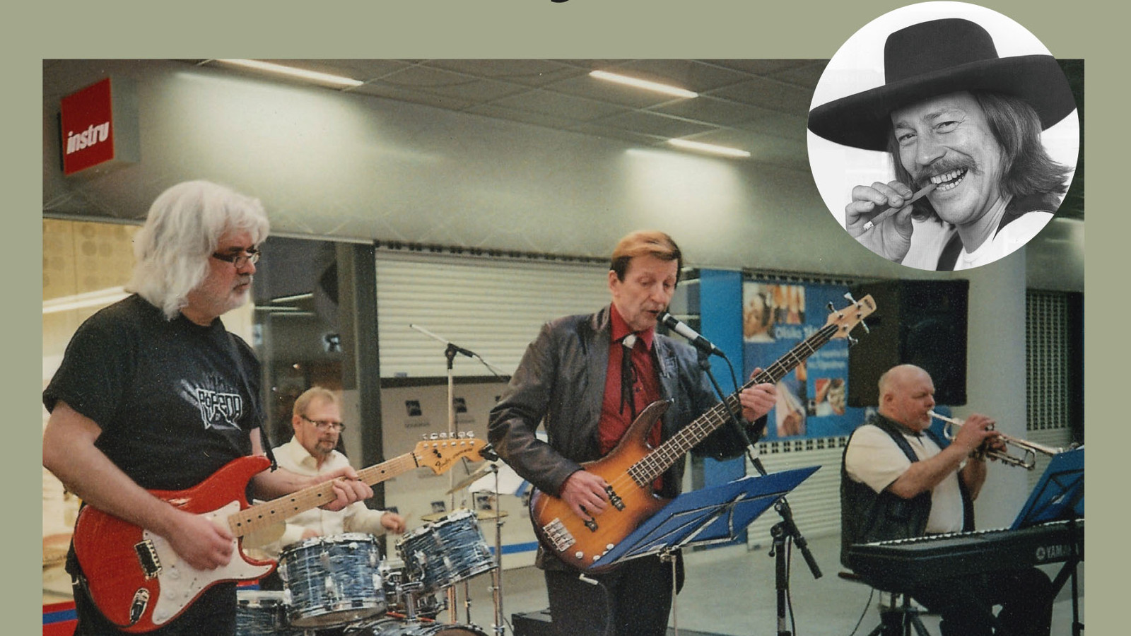 Kuvassa on bändin neljä jäsentä soittamassa, joista kaksi on kitaristia vasemmalta ja oikealla istuu trumpetisti. Takana on rumpali. Oikeassa yläkulmassa on pyöreänä musta-valkokuva Irwinistä musta lierihattu päässään. Kuva on osa kirjan kannesta.