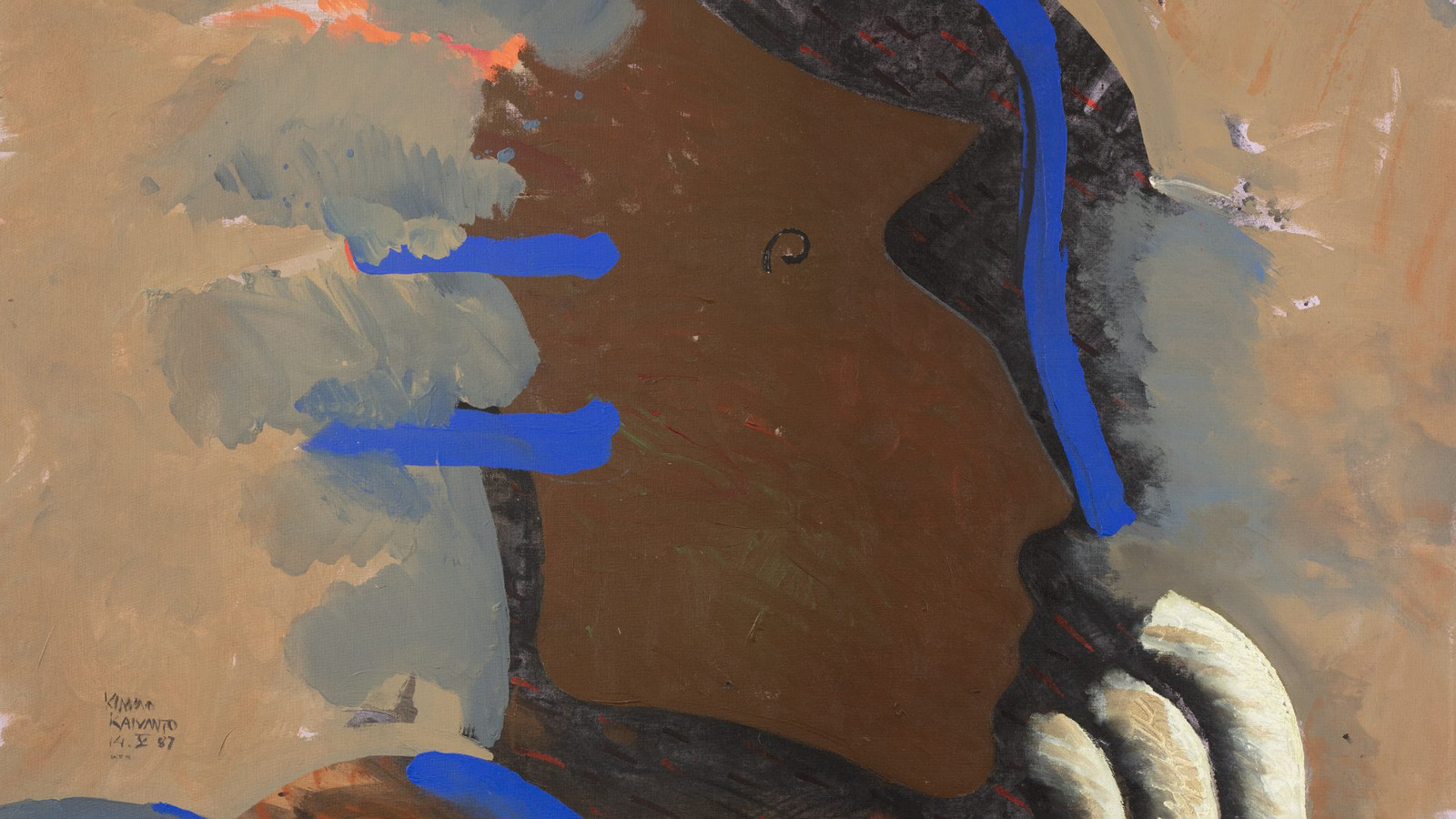 Kuvassa on teos, jossa on kellertävän ruskeata, pilvimäistä harmaata ja ruskeata väripintaa. Alhaalta tulee kolme sormimaista, valkoista koukkua ja oikealla harmaan ruskeaa pintaa.