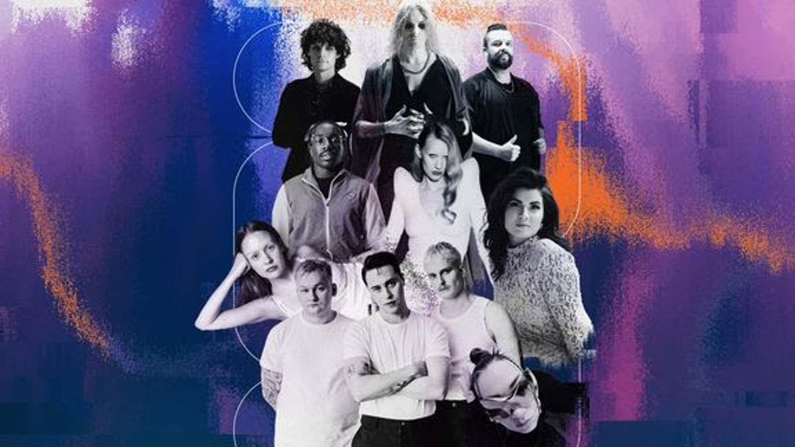 Kuvassa on musta-valkoisena kollaasikuva esiintyjistä kolmessa rivissä. Heistä ylimmäisillä on tummat vaatteen ja alemmilla valkoiset. alareunassa on nainen maskissa. Molemmilla sivuilla on violettia.