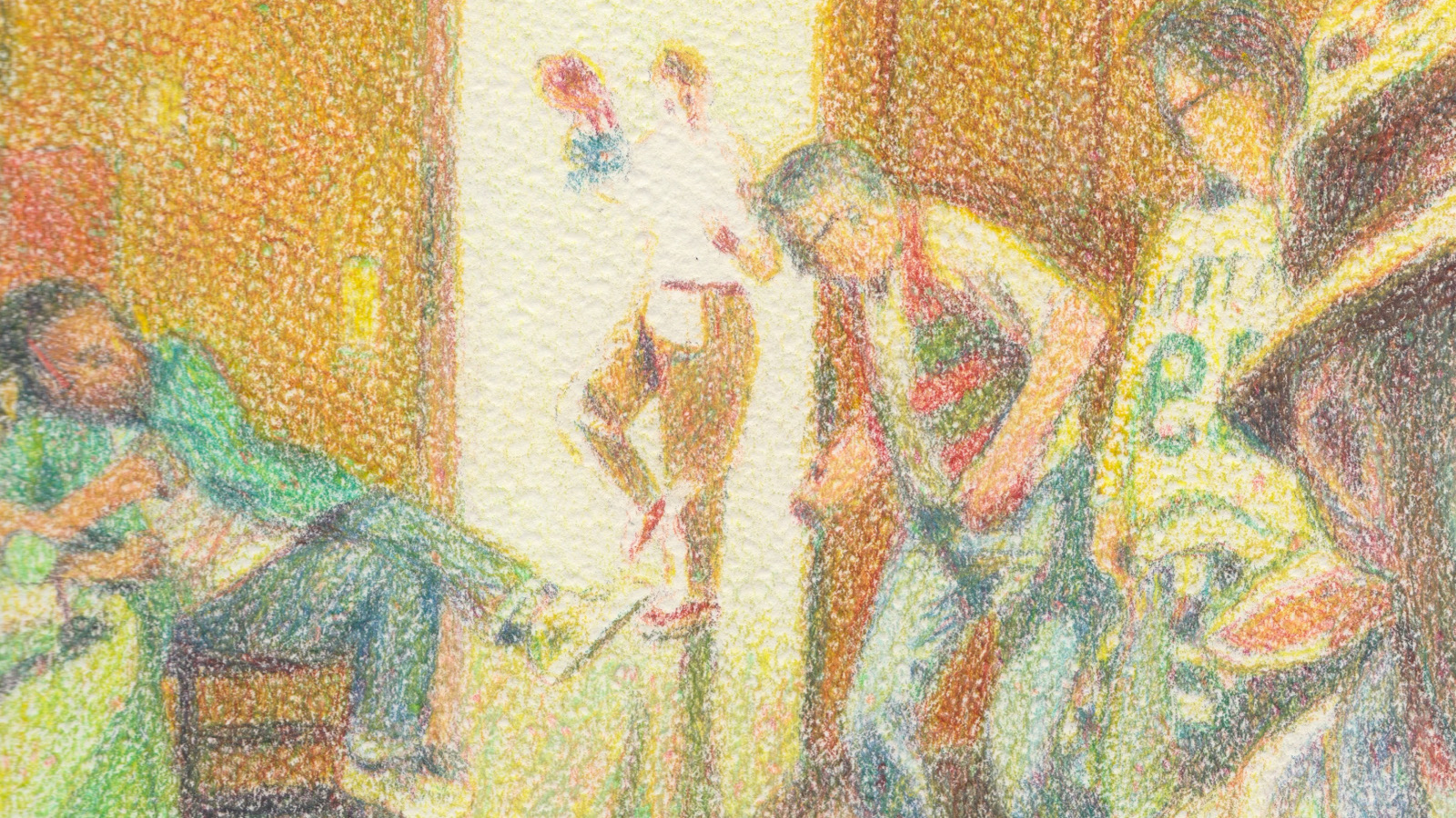 Kuvassa on rakeisesti tehty piirros, jossa on vasemmalla vihreisiin pukeutunut mies istumassa ja oikealla seisoo toinen mies. Seinät ovat keltaruskeita puoliksi ja puoliksi vaalean keltaisia.