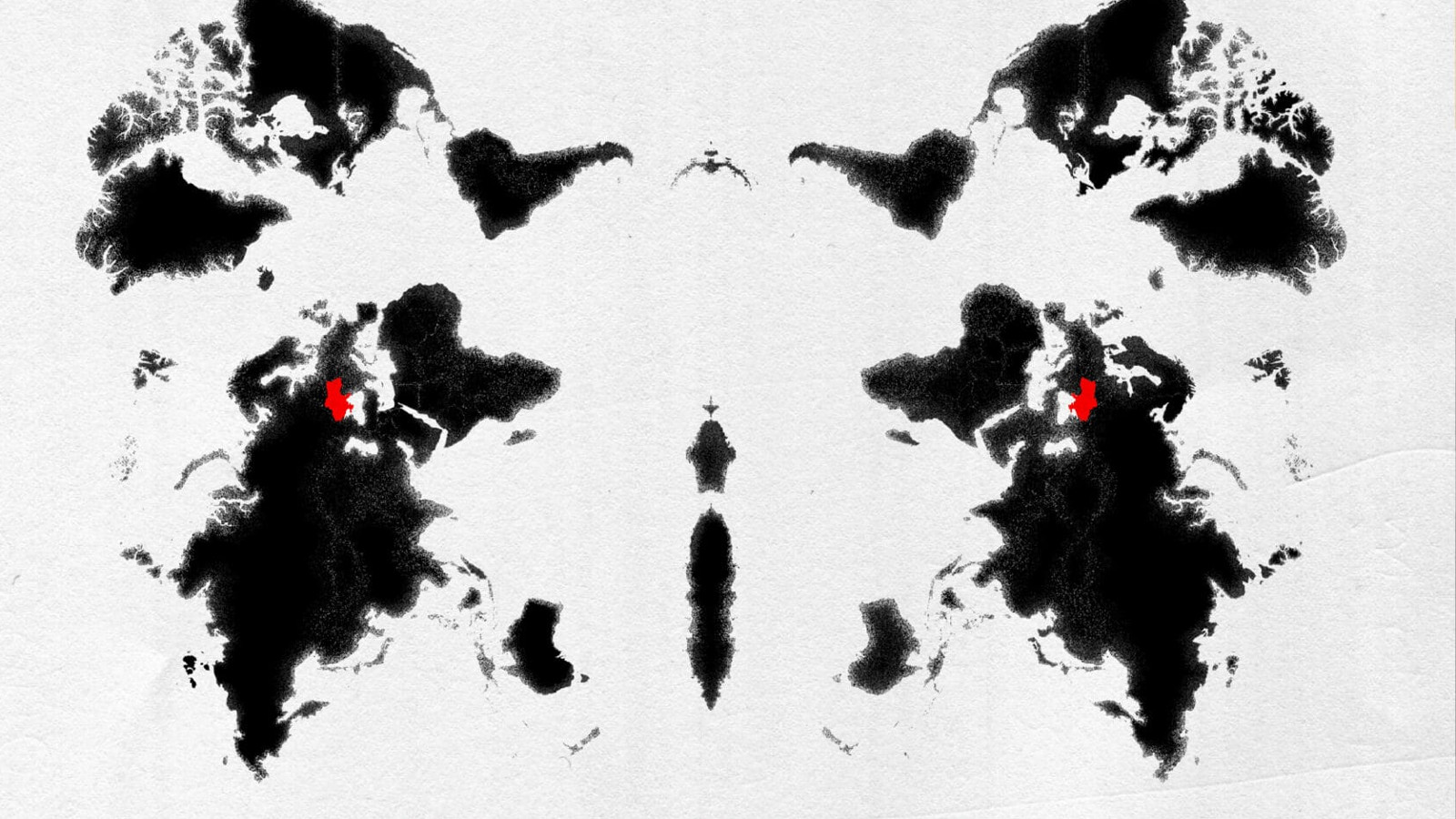 Kuvassa on musta-valkoinen maailmankartta, joka on jaettu keskeltä siten, että maailma on jaettu kahtia symmetrisiksi mantereiksi kaksiulotteisina.