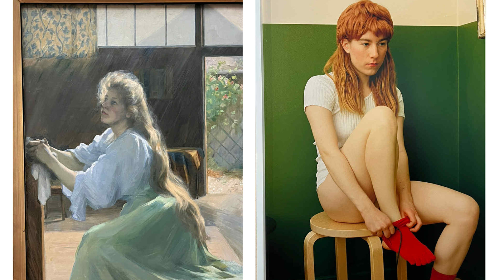 Kuvassa on kaksi kuvaa vierekkäin. Vasemmalla on teos, jossa on nuori nainen sivuttain valkoisessa paidassa ja vaalean vihreässä puolihameessa ripustamassa pyykkiä. Oikealla on nuori punatukkainen nainen istumassa jakkaralla ja hän on laittamassa oikeaan jalkaansa punaista kenkää. Taustalla on vihreää seinää, jossa on valkoista yläosassa.