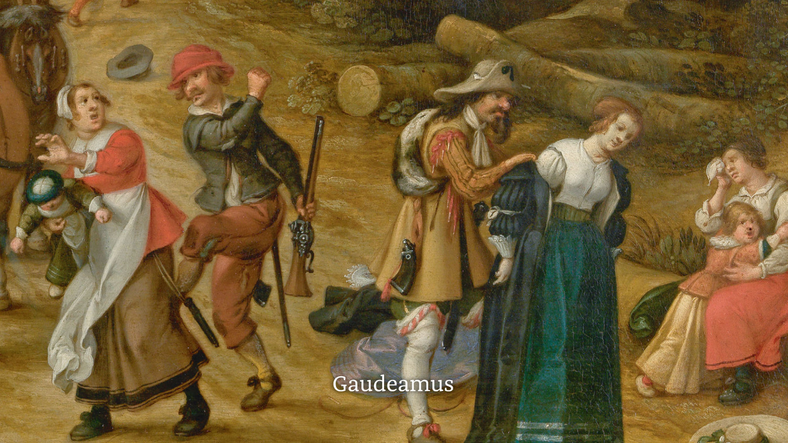 Kuvassa on maalauksessa keskiaikaisissa asuissa vasemmalla pakeneva nainen hameessa ja esiliinassa sekä myssyssä. Taaempana on jahtaava sotilas. Oikealla on ruskeapukuinen sotilas riisumassa sinipukuista naista ja hänen valkoinen paitansa näkyy. Tausta on ruskea. Kuva on osa kirjan kannesta.