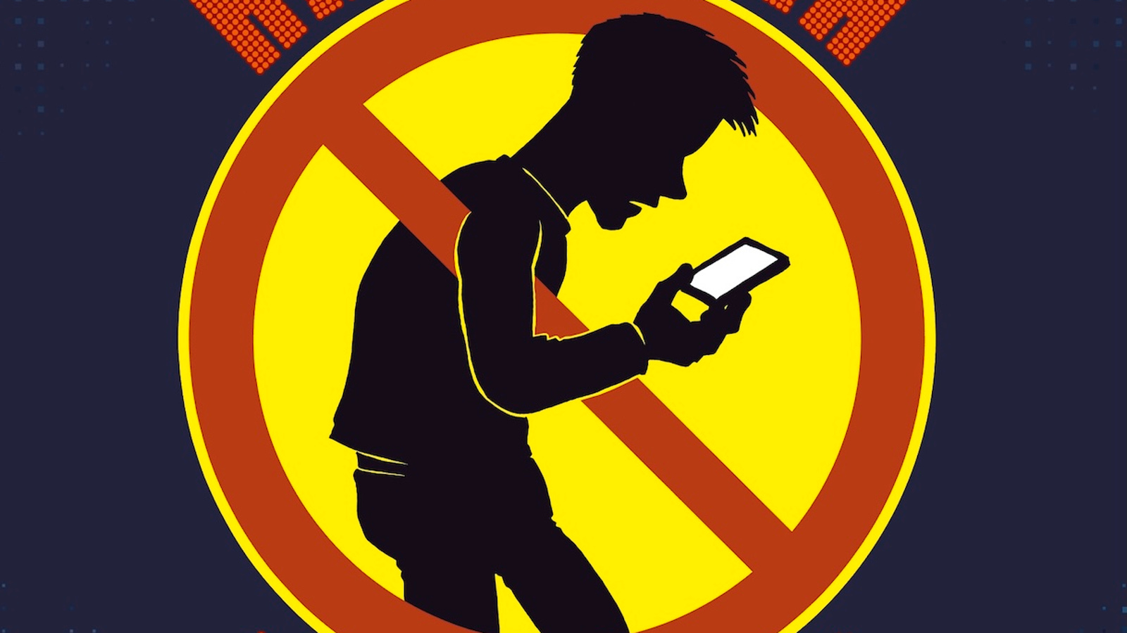 Kuvassa on mustalla pohjalla ympyrn mallinen punareunainen, keltainen kieltomerkki ja sen keskellä on miehen hahmo, joka tuijottaa kännykkää.