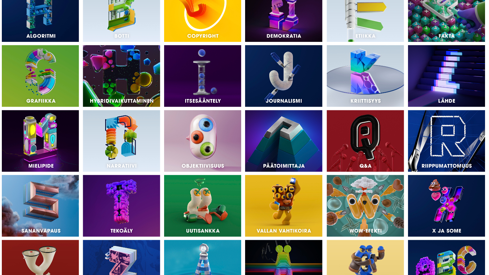 Kuvassa on pieniä ruutuja sekä vaaka- että pystysuorassa. Niissä on värikkäitä taustoja ja kuvioita.