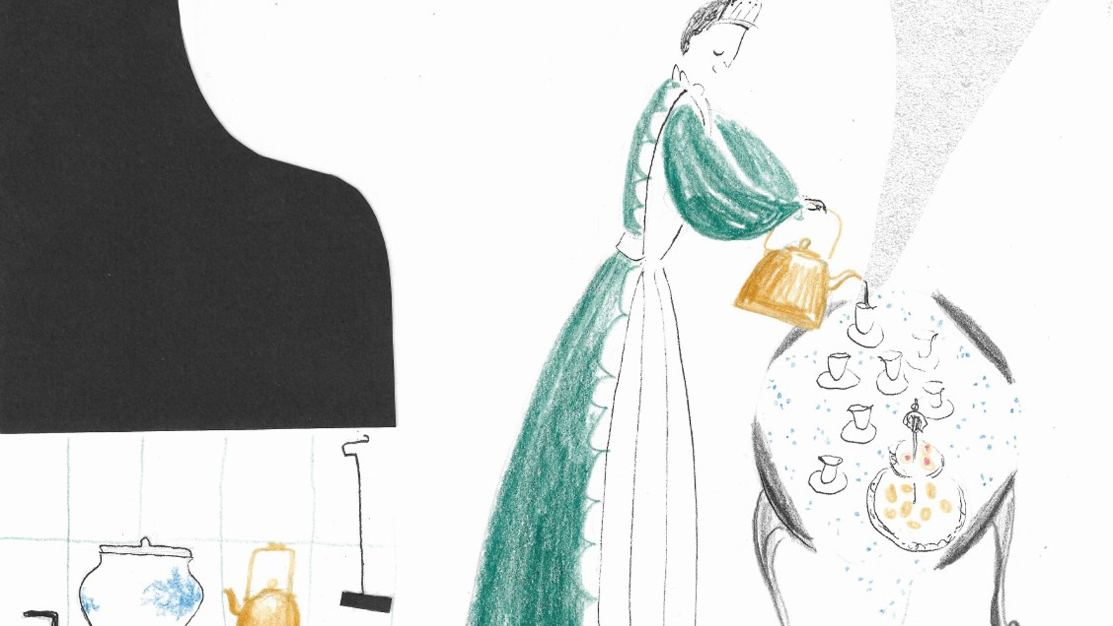 Kuvassa on piirros, jossa on vasemmal musta hellan kupu ja sen alla kahvipannu ja kattila. Oikealla on nainen vihreässä mekossa ja valkoisessa esiliinassa kaatamassa kahvia kahvipöytään. Kuvan tausta on valkoinen.