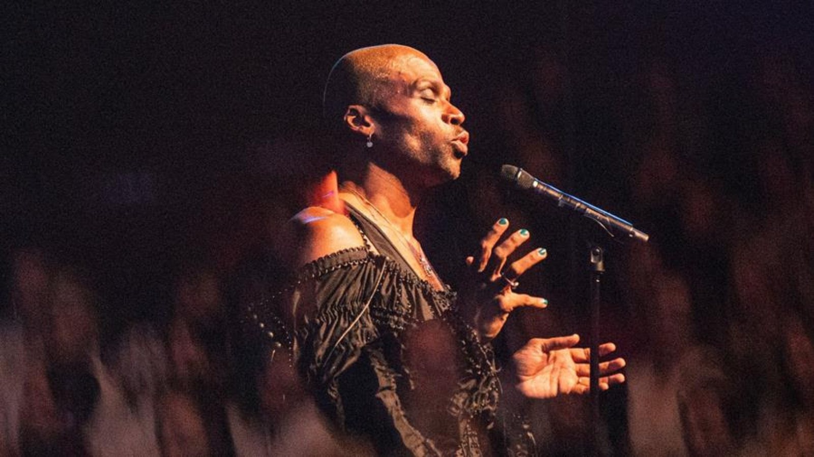 Kuvassa on Jani Toivola puolivartalokuvassa sivuttain näyttämöllä esiintymässä mikrofoni edessään. Hänellä on tumman ruskea hihaton asu päällään. Kuvan tausta on tumma.