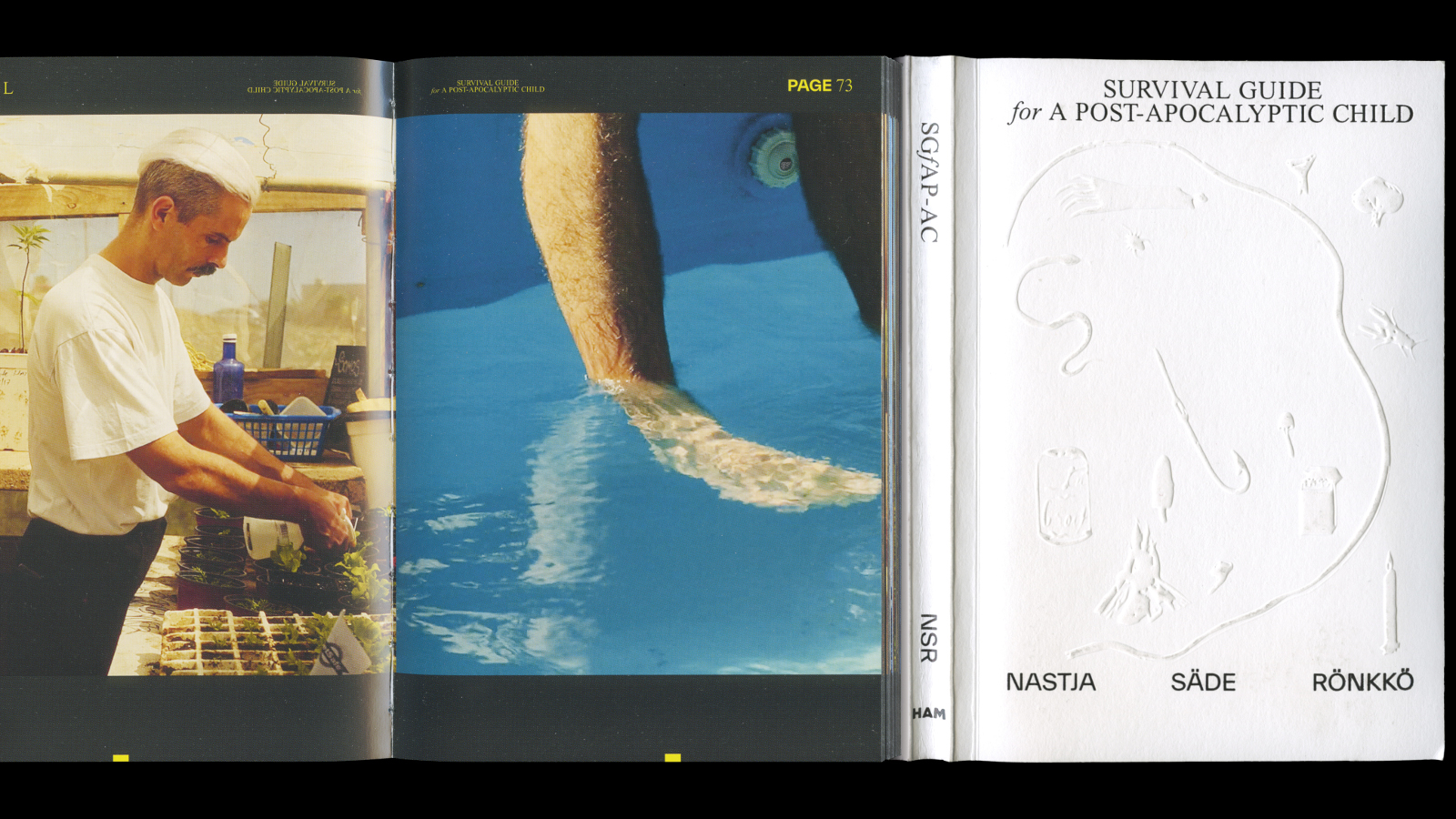 Kuvassa on kolme kuvaa ja vasemmalla kokki keittiössä tekemässä ruokaa. Keskellä on sääret sinisessä vedessä ja oikealla on vakokantinen kirjan kansi. Siinä on ylhäällä kirjan nimi Survival Guide for Post-apocalyptic Child. Alla on kirjailijoiden nimet.