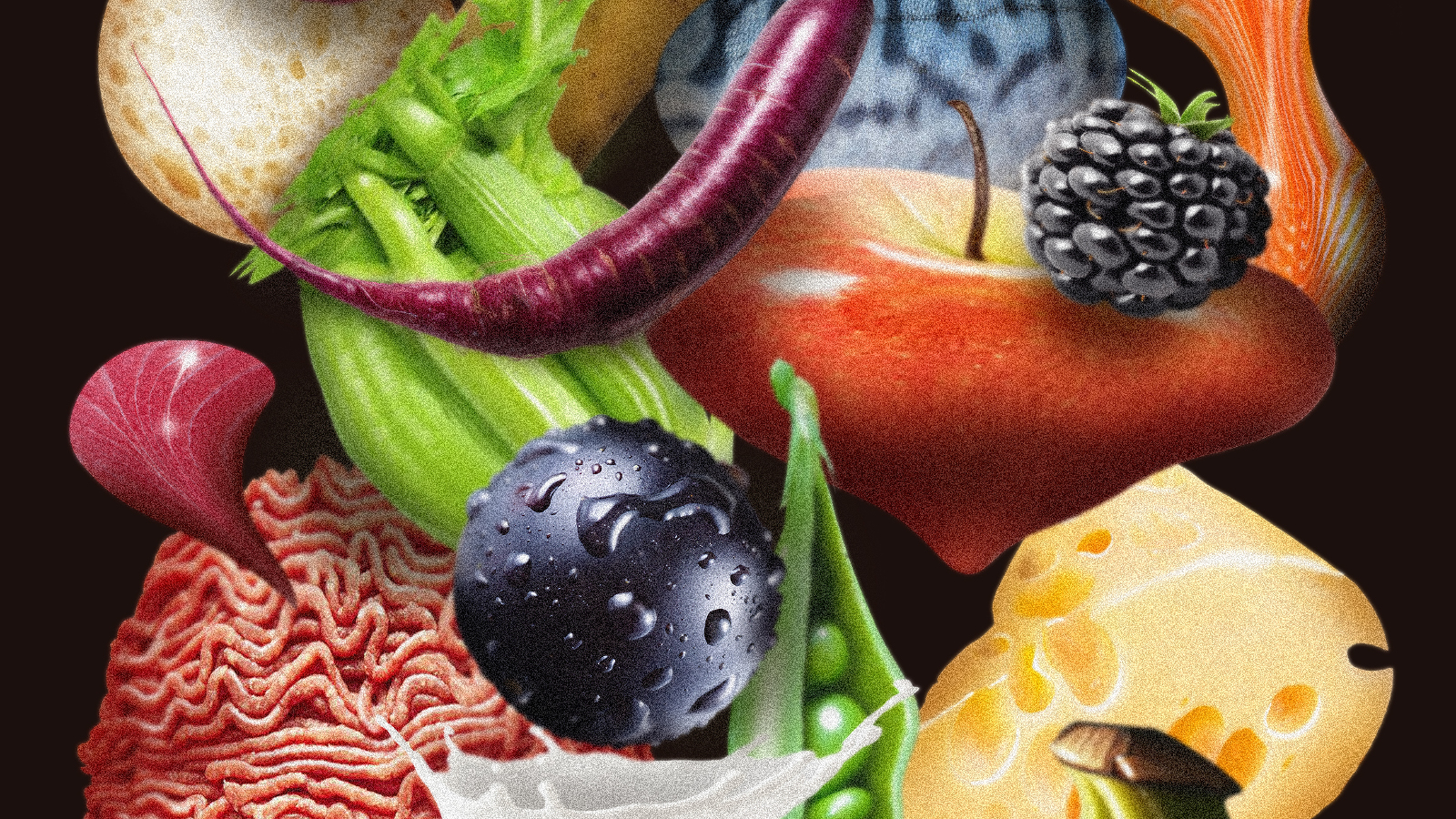 Kuvassa on eri värisiä vihanneksia ja hedelmiä limittäin.