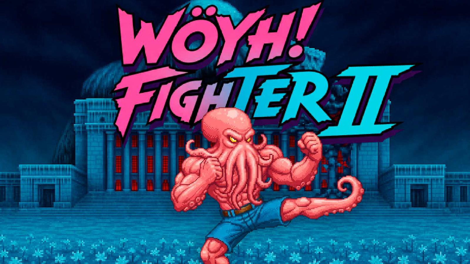 Kuvassa on keskellä punaisella Wöyh!ja sen alapuolella Fighter II sinisellä isoin kirjaimin. Niiden alla on oranssi mustekalan päällä varustettu lihaksikas taistelija nyrkein.  Taustalla on sinertävä etualalla pylväillä varustettu rakennus.