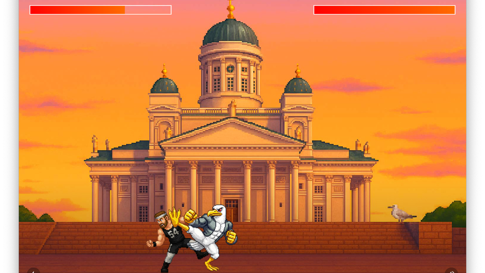 Kuvassa on Helsingin tuomiokirkko ja kuvan sävy on oranssi. Portaat ovat punaiset. Edessä keskellä on kaksi taistelijaa, joista toinen on valkoinen ja toinen keltainen.