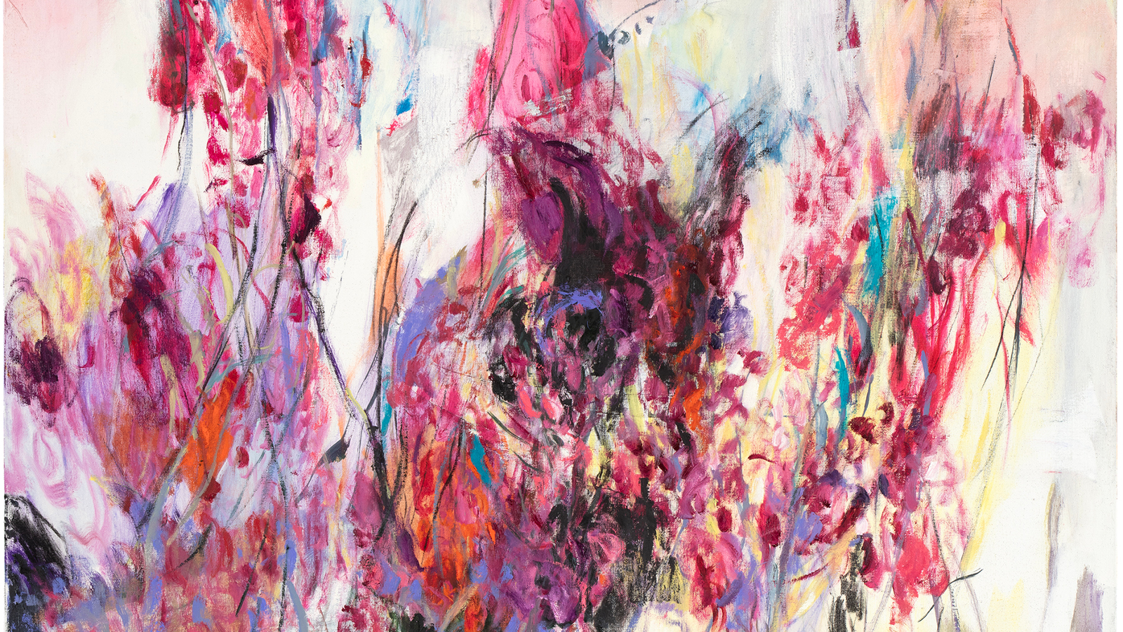 Kuvassa on Anna Retulaisen teos, jossa on vaalealla pohjalla punertavia ja liloja liekkimäisiä pintoja.