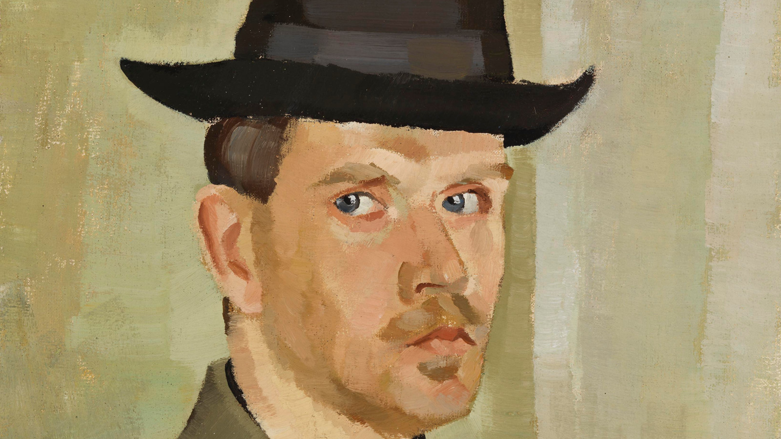 Kuvassa on Eero Nelimarkan omakuva ja hänellä on maalauksessa ruskea lierihattu päässään. Kuva on kasvokuva. Tausta on vihertävä.