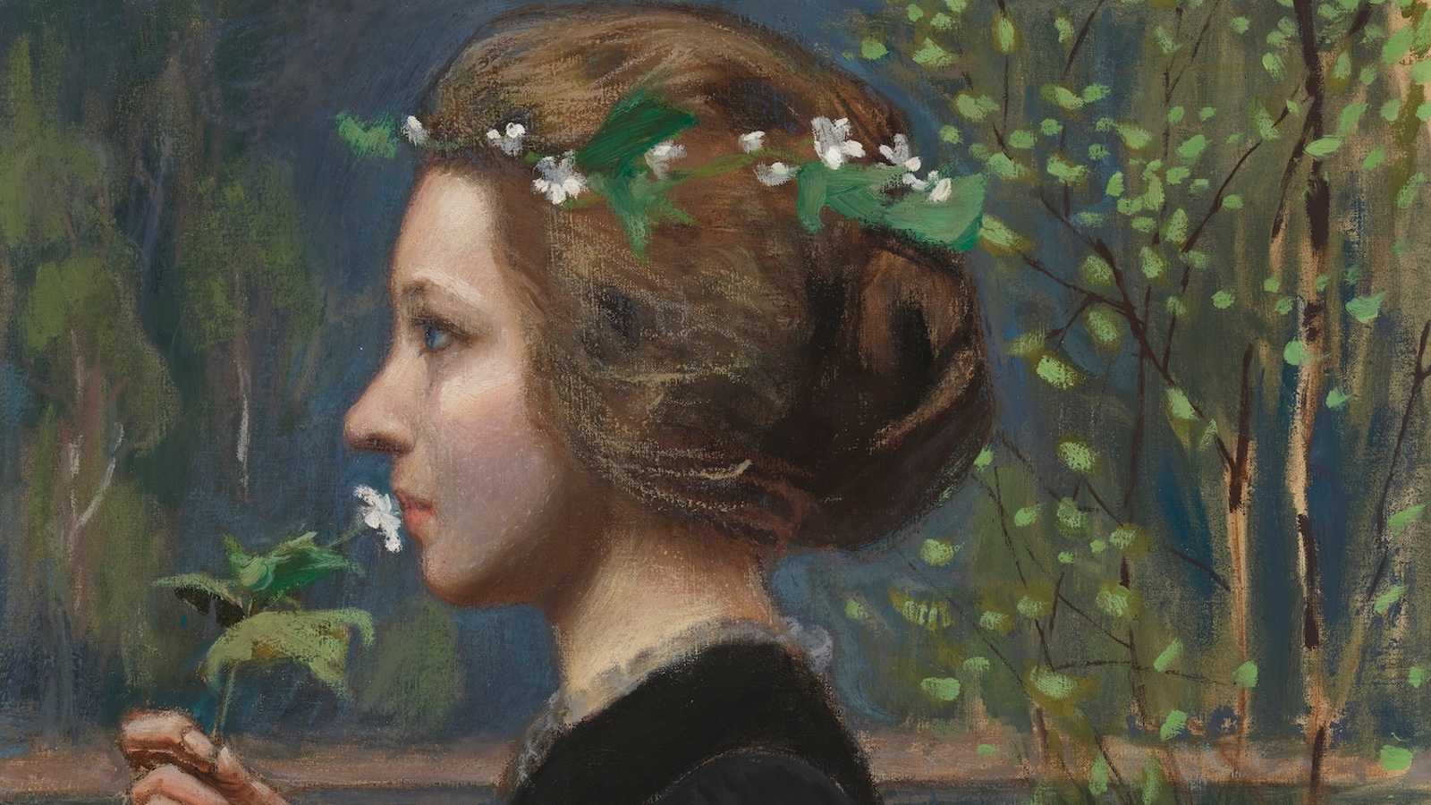 Kuvassa on maalauksessa nuoren naisen sivukuva ja hänellä on ruskeat hiukset kammattuna taaksepäin ja niissä on valkovuokkoseppele.  Hänellä on yksi valkovuokko kädessään. Taustalla näkyy tummasti vihreää puustoa.