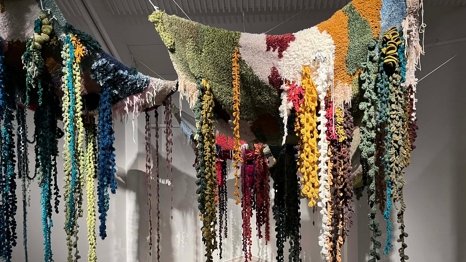 Kuvassa on naruilla roikkumassa erivärisiä kiharaisia, paksuja lankoja. Oikealla toisella narulla on yläosassa eri värisiä ryijymäisiä osia yläosassa, joista roikkuvat, paksut langat lähtevät.