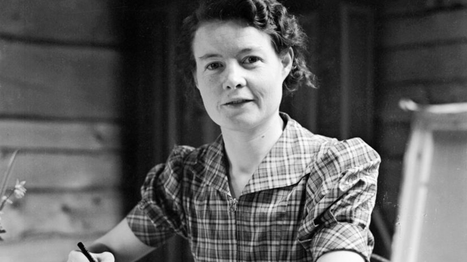 Kuvassa on Sally Salminen istumassa ja kirjoittamassa kynä kädessä. Hänellä on ruudullinen mekko päällään. Taustalla on hirsiseinää. Kuva on musta-valkoinen.