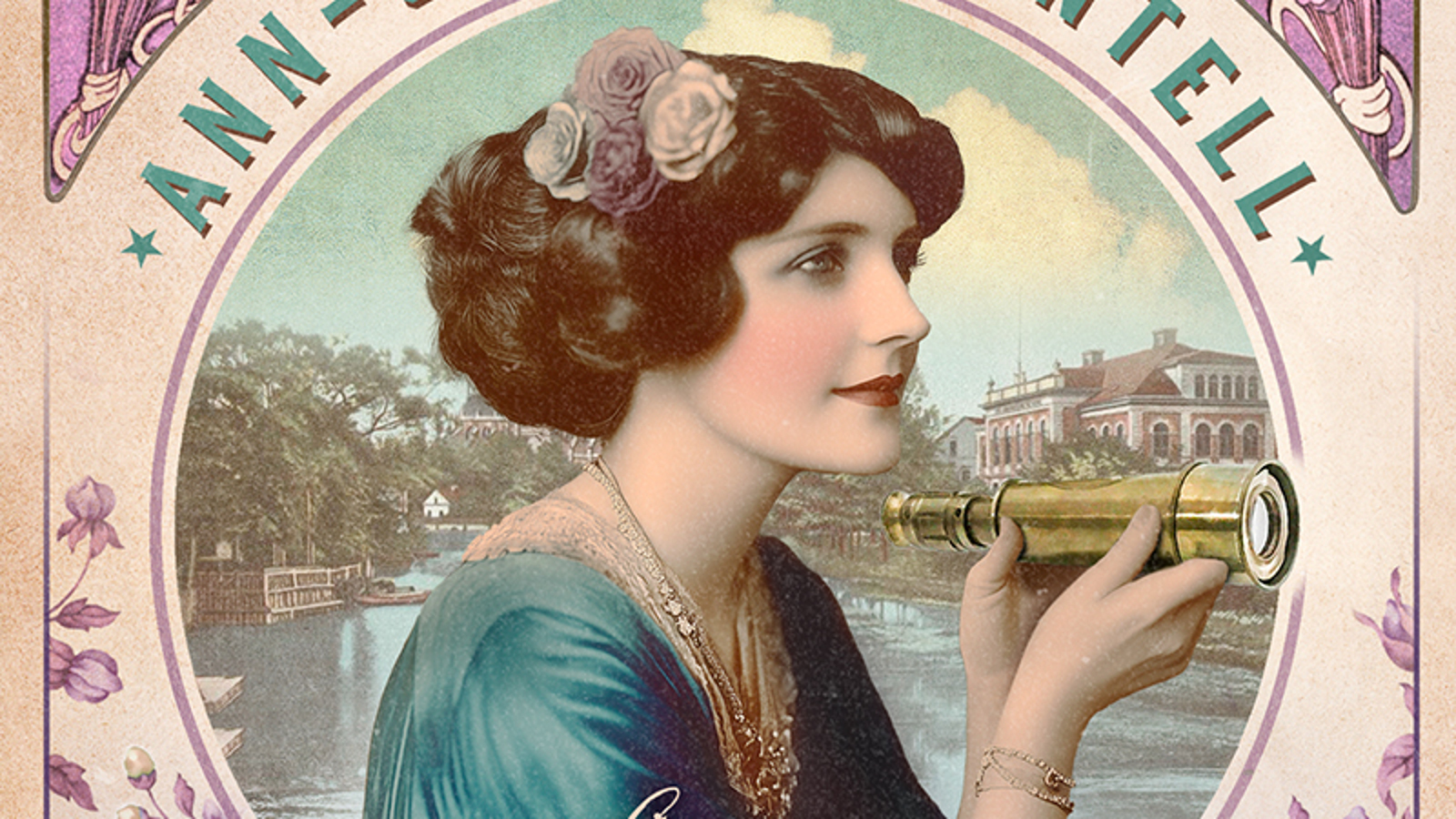 Kuvassa on keskellä sivuttain nuori nainen kiharretuissa melko lyhyissä hiuksissa ja niissä on ruusuja koristeteena. Hänellä on turkoosi mekko ja kultakoruja sekä kädessään kullan värinen kaukoputki. Taustalla on lampea ja vihreitä puita. Ne ovat kaaren sisällä, joissa on kirjailijan nimi ja roosalla pohjalla liloja ruusuja. Kuva on osa kirjan kannesta.