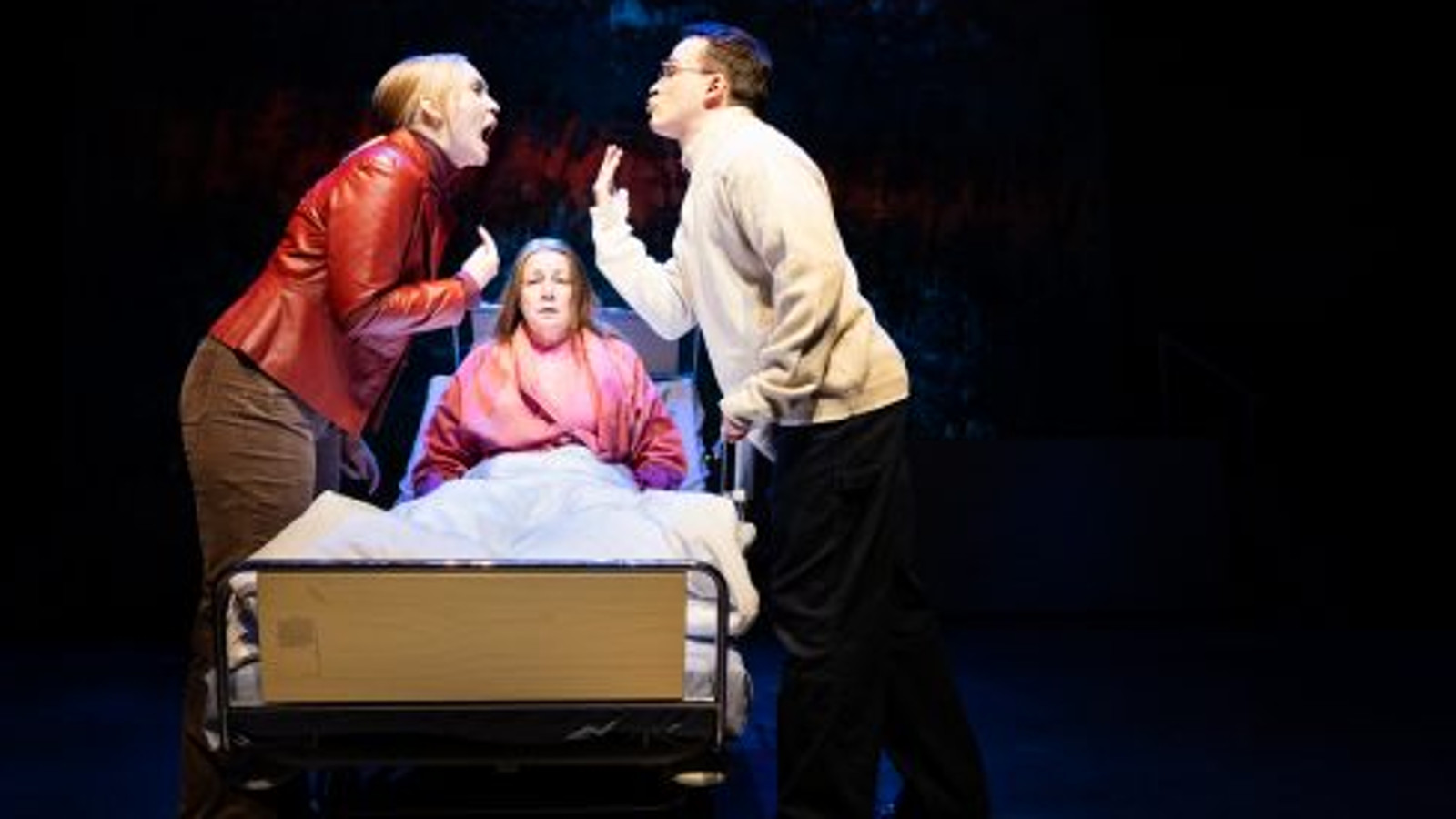 Kuvassa on keskellä nainen sairaalasängyssä istumassa ja hänellä vaalean punainen sairaalan aamutakki päällään sekä valkoinen peitto jalkojensa päällä. Vasemmalla on nainen punaisessa nahkatakissa ja oikealla mies vaaleassa fliississä sivuttain. He huutavat toisilleen. Tausta on tumma.