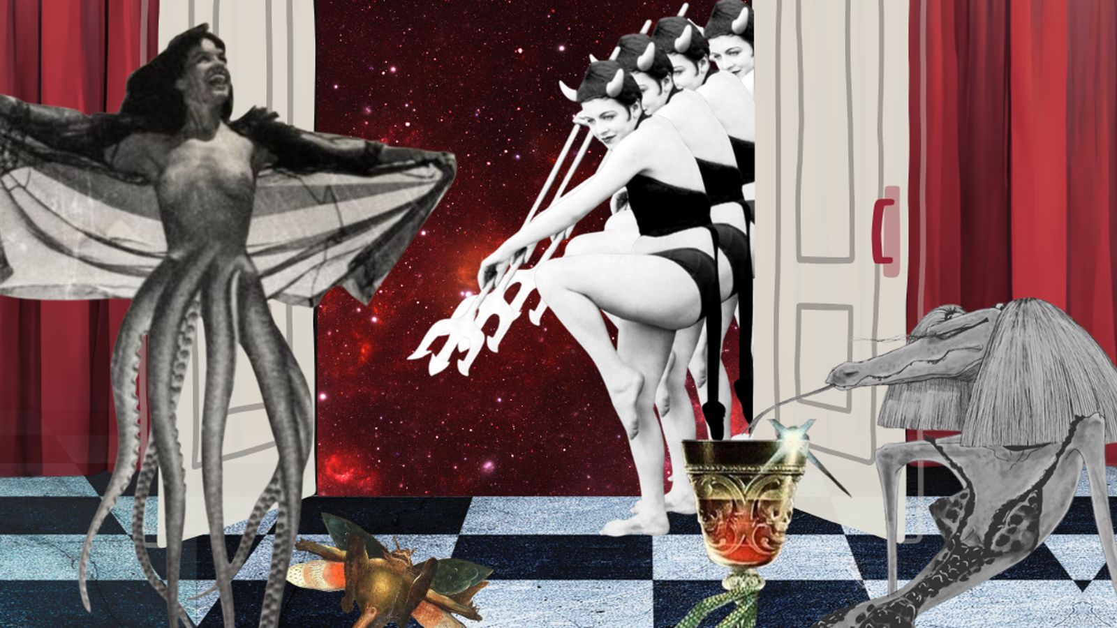 Kuvassa on vasemmalla harmaa nainen alastomassa yläruumiissa jaalaosa mustekalan lonkeoita . Oikealla on rivi naisia tanssimassa musta-valkoisissa bikiniasuissa ja keihäs kädessään.  Taustalla on tumman punaista seinää, jossa on valkoinen ovi auki. Ympärillä on ötökkähahmoja.