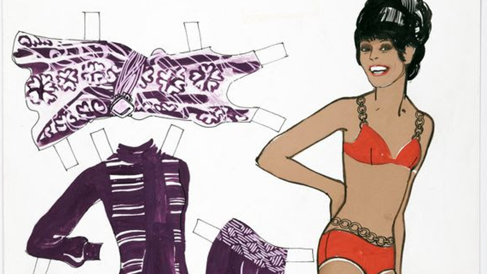 Kuvassa on vasemmalla vinosti hihaton mekko paperinukkea varten ja se on violetti kukkakuvioinen. Sen alla on violetti ja siinä on molemmissa sivuissa valkoraitaiset sivut ja saman väriset housut. Oikealla on Laila Kinnunen paperinukkena oransseissa liiveissä ja pikkuhousuissa.