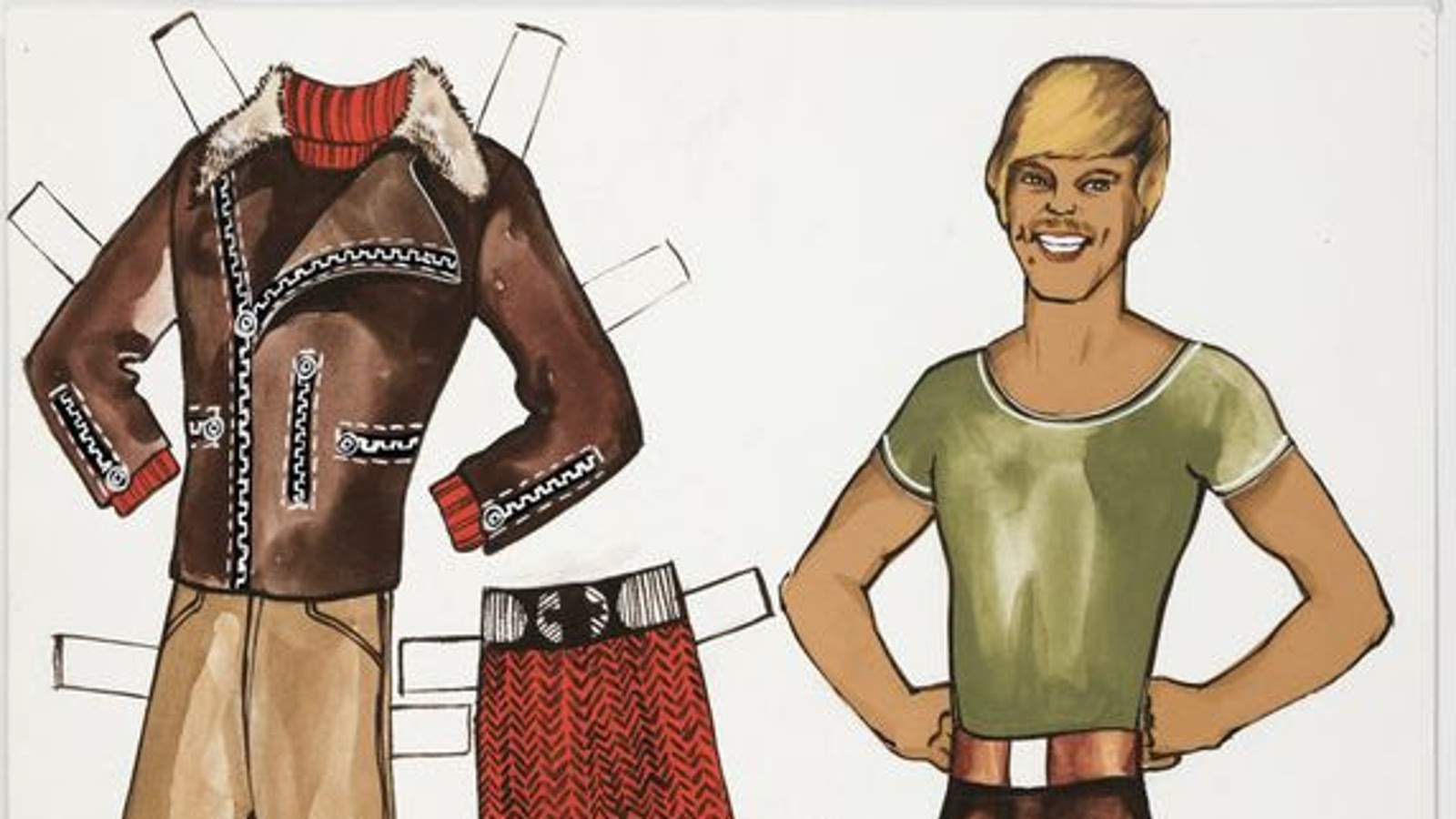 Kuvassa on vasemmalla ruskea puolitakki ja vaalean ruskeat housut ja oikealla alhaalla punaiset housut paperinukkea varten. Oikealla on Vesa-Matti Loirin paperinukkekuva.