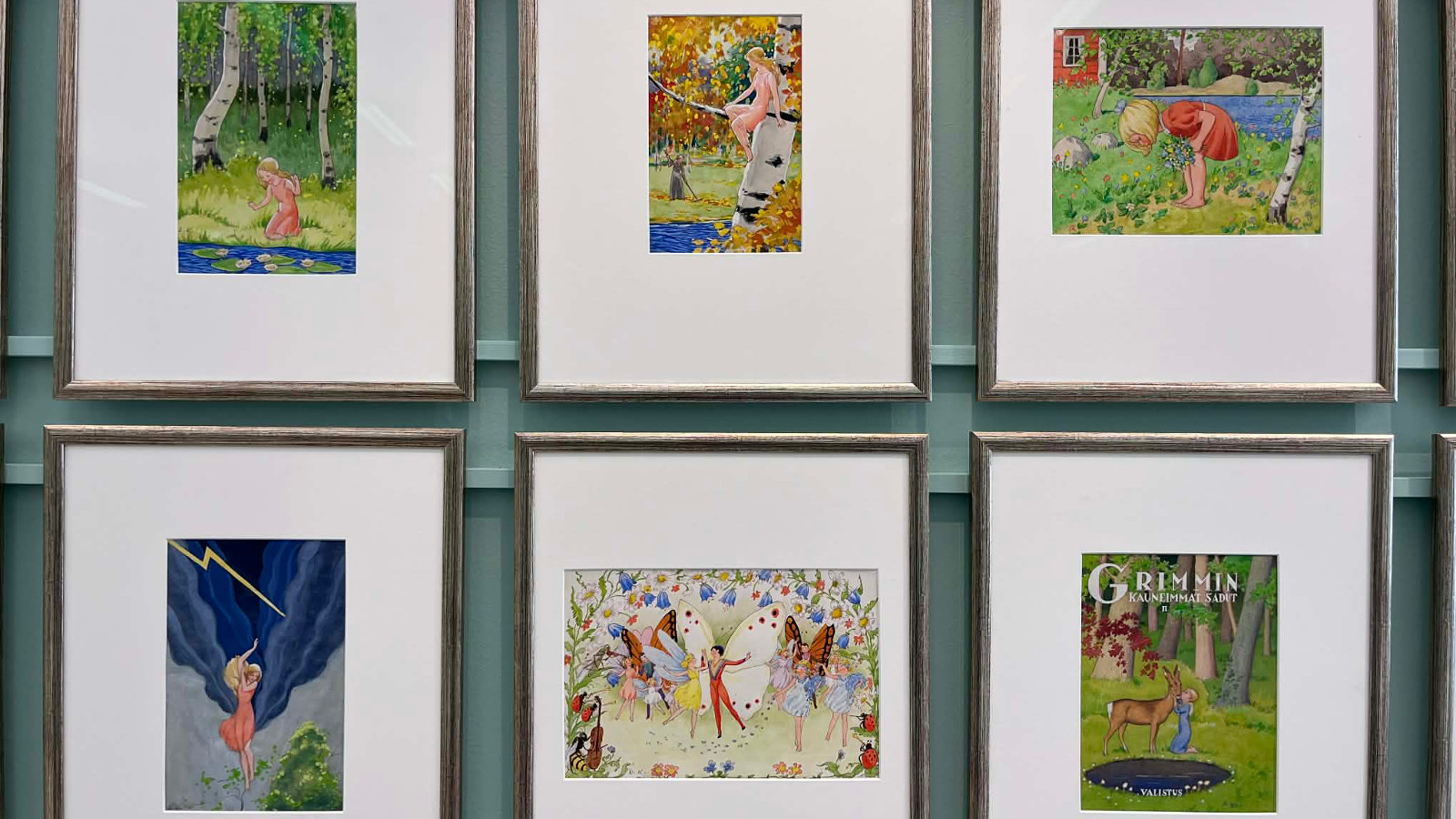 Kuvassa on kuusi akvarellia, joissa on Rudolf Koivun värikästä kuvituskuvaa.