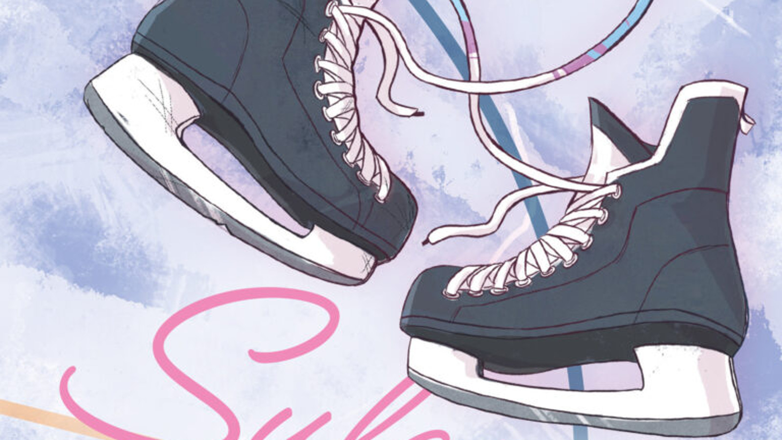  Kuvassa on maalauksena tummat luistimet ja taustalla vaalean sinistä pilvimäistä pintaa. Alla näkyy osa kirjan nimestä Sulamispiste. Kuva on osa kirjan kannesta.