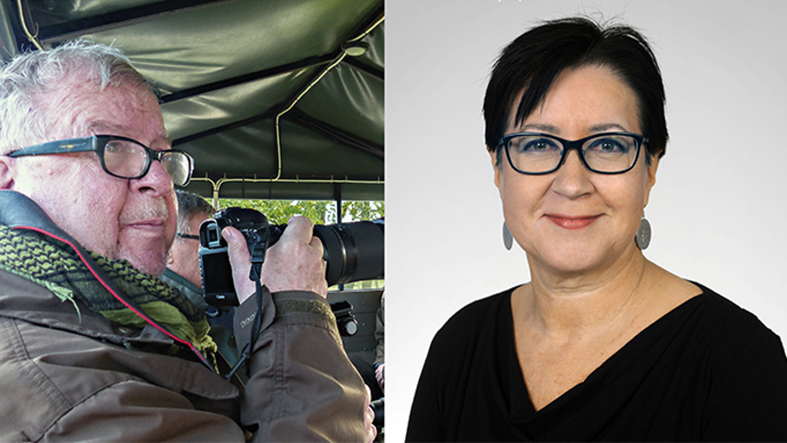 Kuvassa on vasemmalla puolivartalokuvassa Matti Vuento kamera kädessään ja vihreässä maiharissa. Oikealla on erillinen kuva Maria Lähteenmäestä, jolla on musta t-paita päällään, lyhyet hiukset ja silmälasit. Tausta on vaalea.