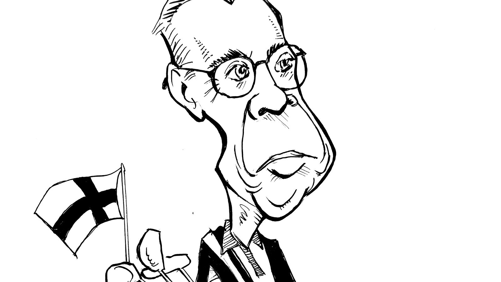 Kuvassa on musta-valkoinen karikatyyrinen piirroskuva Alexander Stubbista ja selässä on golfbägi, jossa on Suomen lippu.