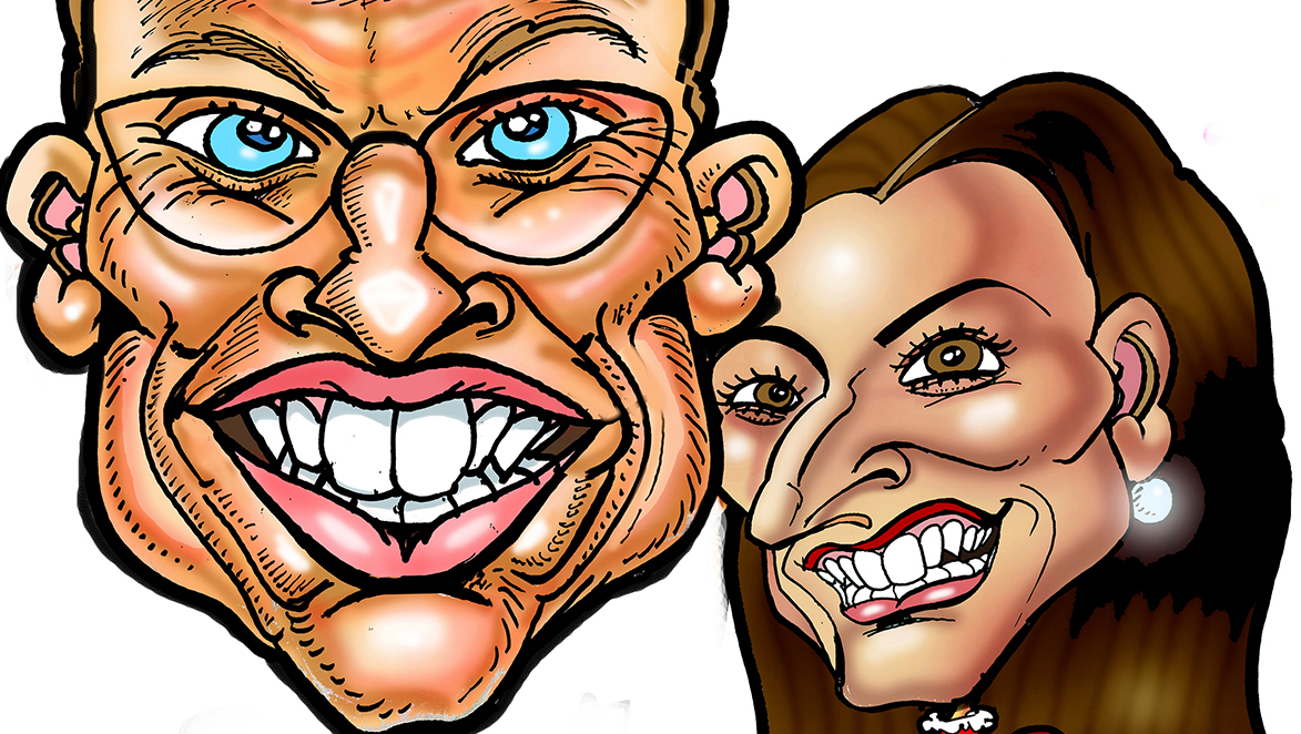 Kuvassa on vasemmalla karikatyyri Alexander Stubbista ja hänellä on ruskeat kasvot ja siniset silmät. Oikealla on Suzanne Ines-Stubbin karikatuuri kuva. Molemmat hymyilevät.