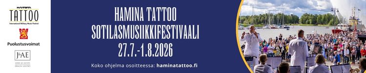 Hamina Tattoon mainos. Hamina Tattoo on kansainvälisen, korkeatasoisen sotilasmusiikin tapahtuma Haminassa.