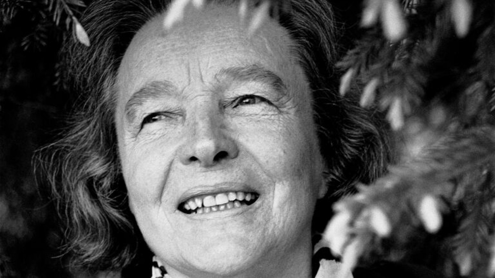 Kuvassa on Eeva Kilpi kasvokuvassa ja hänen ympärillään on kuusenoksia ja jouluvaloketjua. Kuva on musta-valkoinen.
