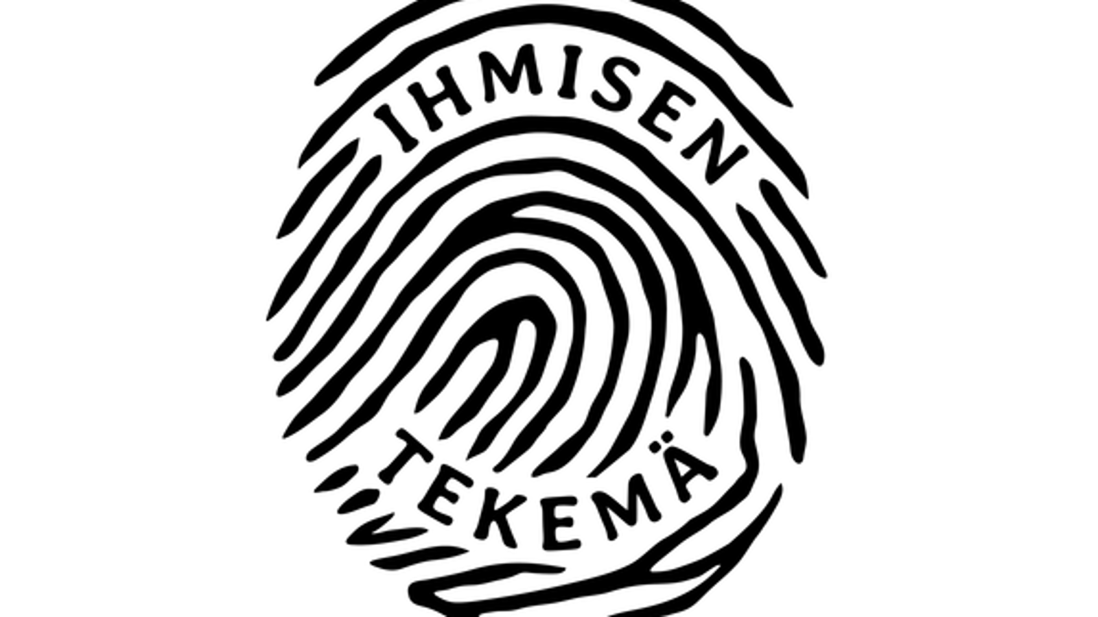 Kuvassa on valkoisella pojalla mustalla värillä tehty sormenjälki ja siinä lukee Ihmisen tekemä.