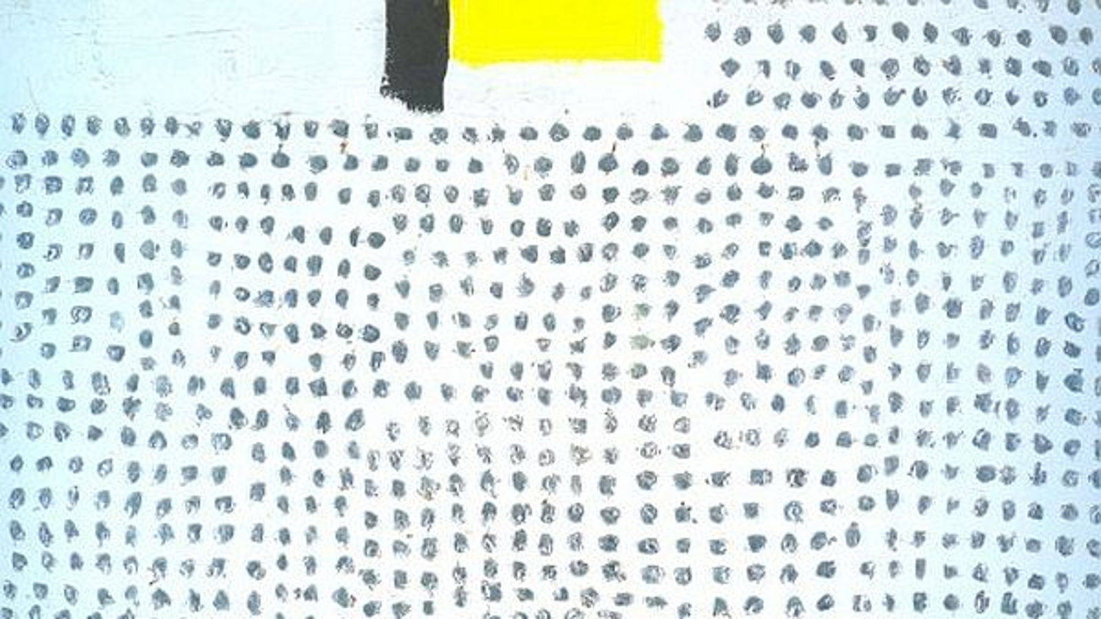 Kuvassa osa Anti ja Maija Lavosen Yhteisiä ajatuksia kirjan kannesta, jossa vaalealla pohjalla harmaita pilkkuja siveltimellä vedettynä. Ylhäällä vasemmalla vaalealla taustalla musta pystypalkki ja siinä kiinni keltainen vaakapalkki.