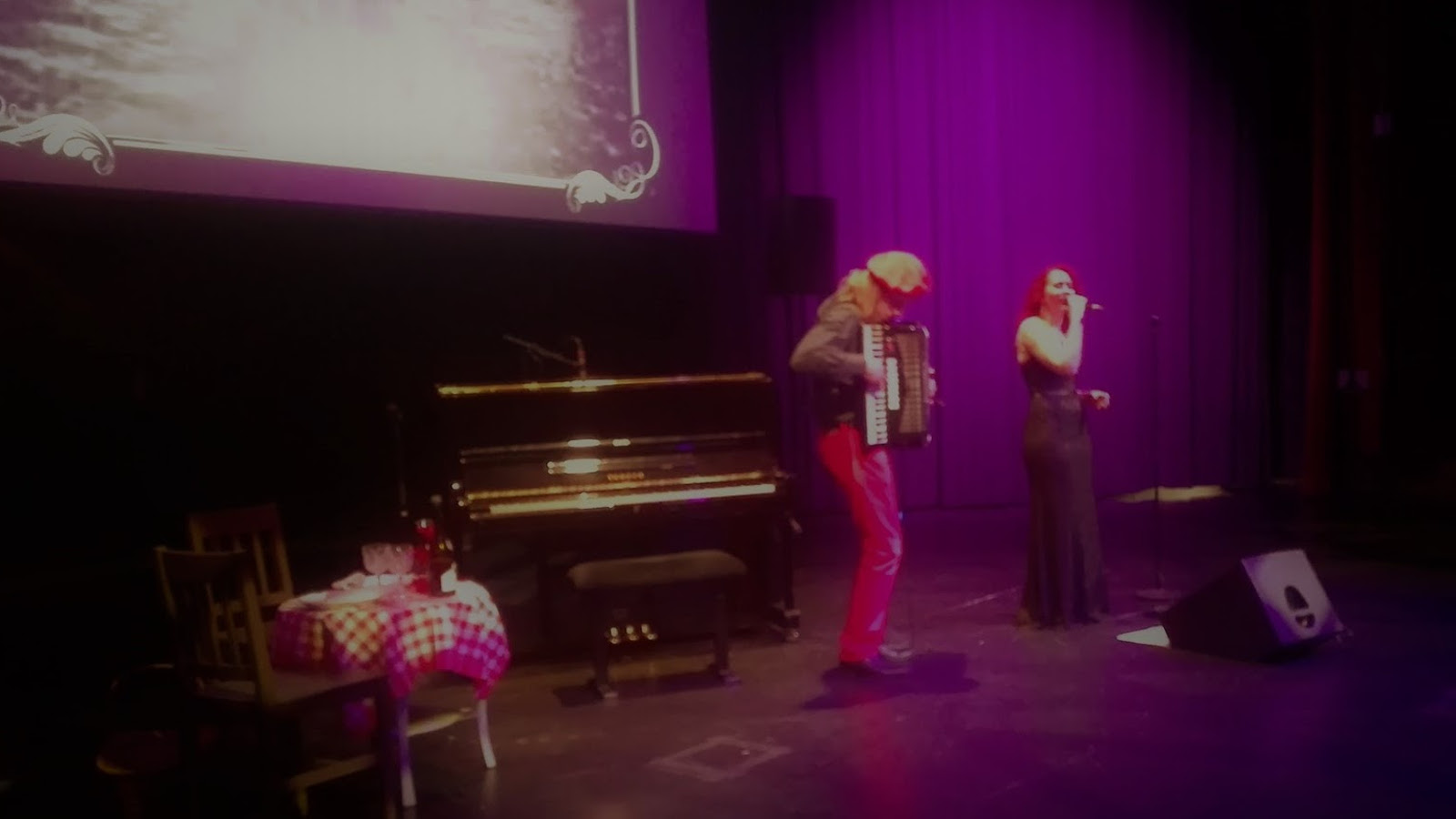 Kuvassa violetteisävyisessä näyttämötilassa oikella laulaa Minna Vainionpää, jolla on punainen pitkä tukka ja päällään ruskea, pitkä puku.  Hänen vasemmalla puolellaan on hanuria soittava Esko Grundström, jolla punainen nauha pään ympäri kietaistuna vaaleissa pitkissä hiuksissaan.  Hanuristin takana on piano pianon edessa vasemmalla on matala, valkoinen pöytä, jonka päällä valko-punaruutuinen liina. Vasemmalla ylhäällä on scriini, jolla on vaalea valoa. 