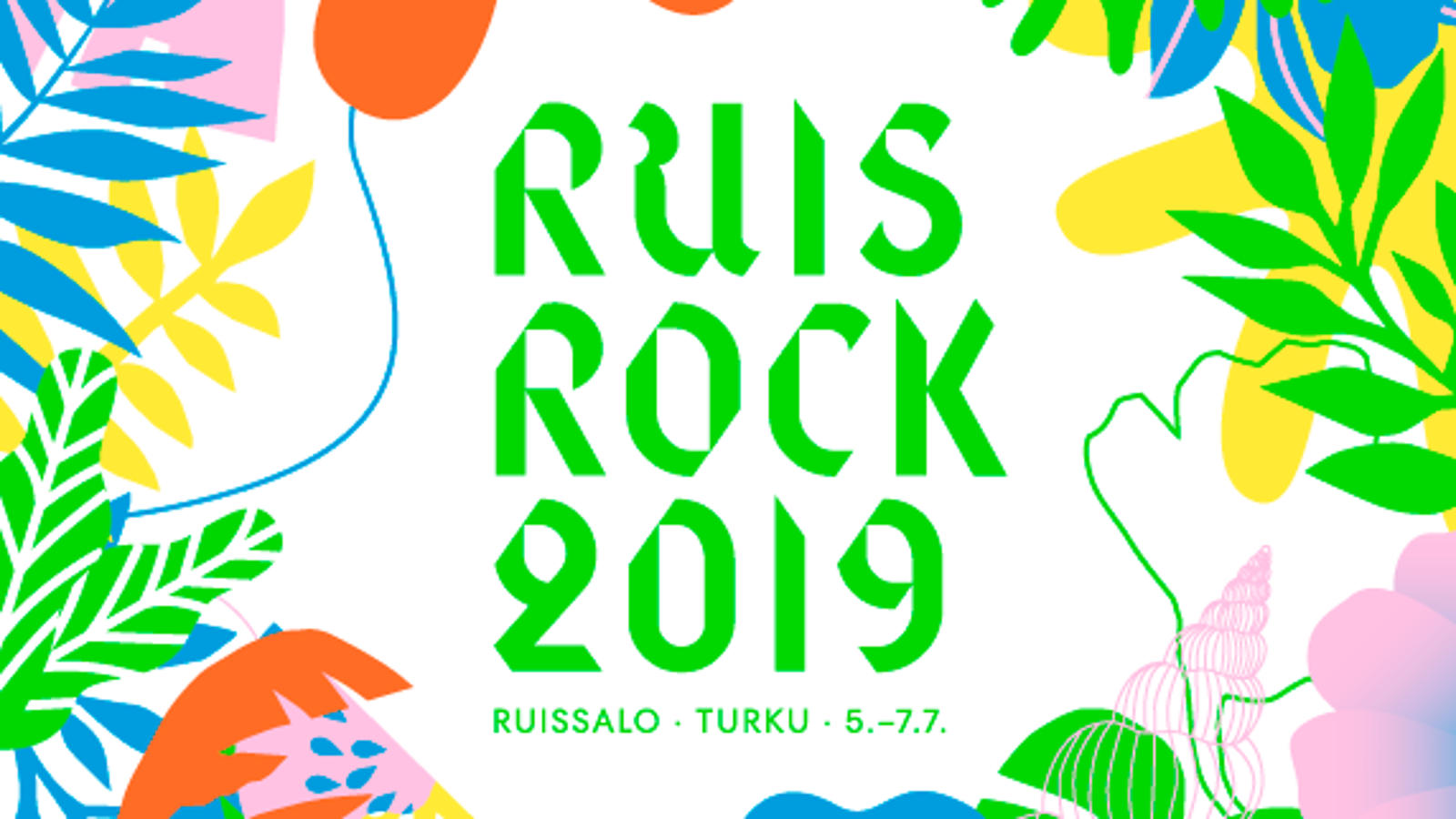 Kuvassa on Ruisrockin julistekuva, jossa on keskellä teksti Ruisrock 2019 jaettuna kolmelle riville ja valkoisella pohjalla. Molemmilla reunoilla on puiden lehtien kuvia, jotka ovat väriltään vaalean sinisiä, punaisia, keltaisia tai vaalean vihreitä.